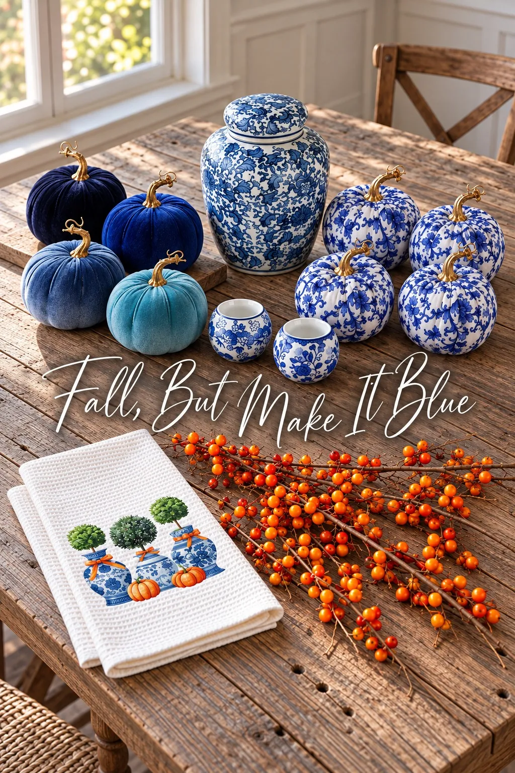 Blue velvet pumpkins, blue and white chinoiserie pumpkins, a blue and white ginger jar, two porcelain votives, a topiary tea towel and orange bittersweet on a rustic wooden table, with the words Fall, But Make It Blue.
