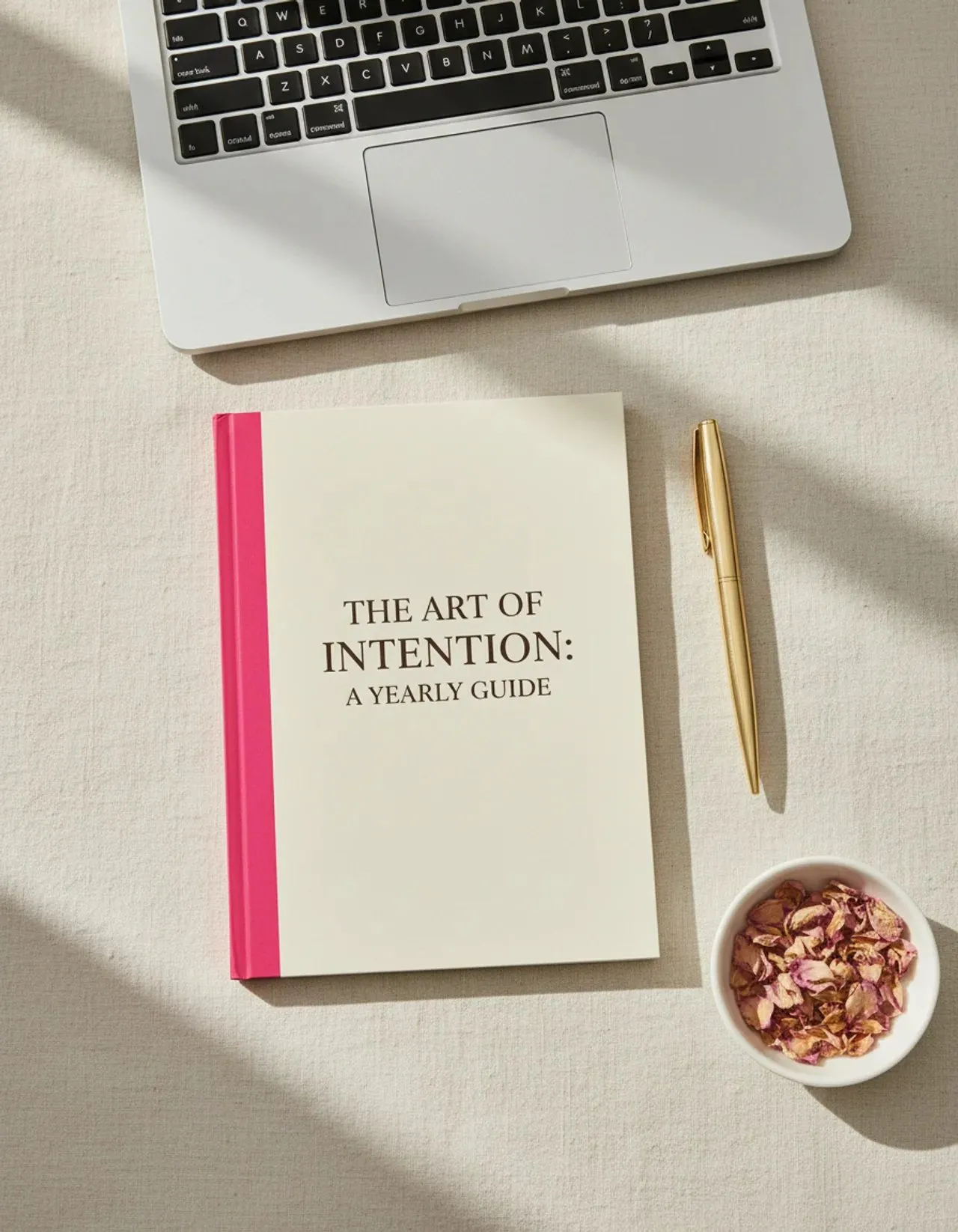 A book with a pink spine beside a laptop