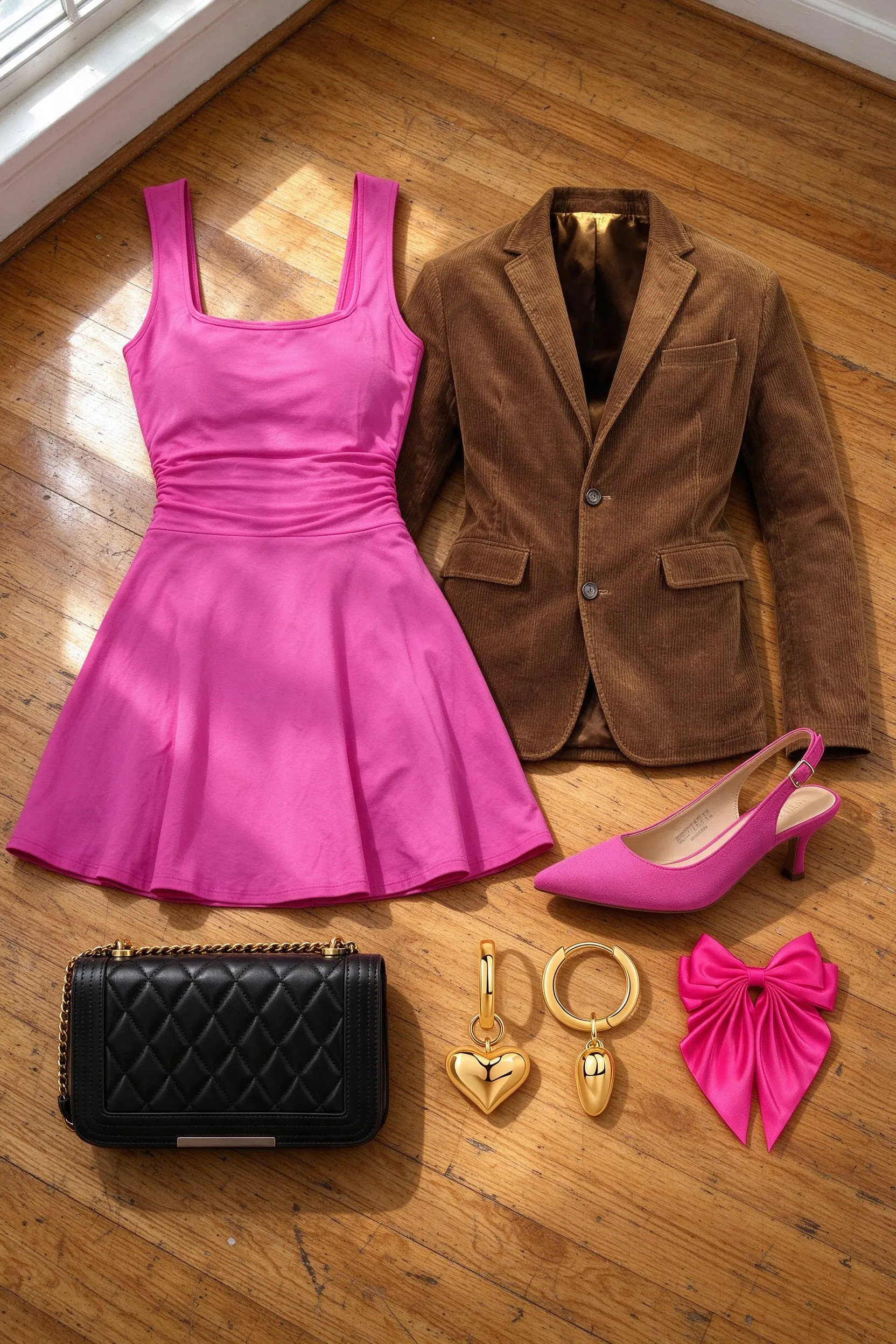 The listed pieces laid out on a scuffed honey-oak wood floor: hot pink square neck fit and flare mini dress, men's brown corduroy blazer, hot pink pointed toe kitten heel slingbacks, hot pink quilted crossbody bag with gold chain, gold heart charm huggie earrings and hot pink satin hair bow clip.