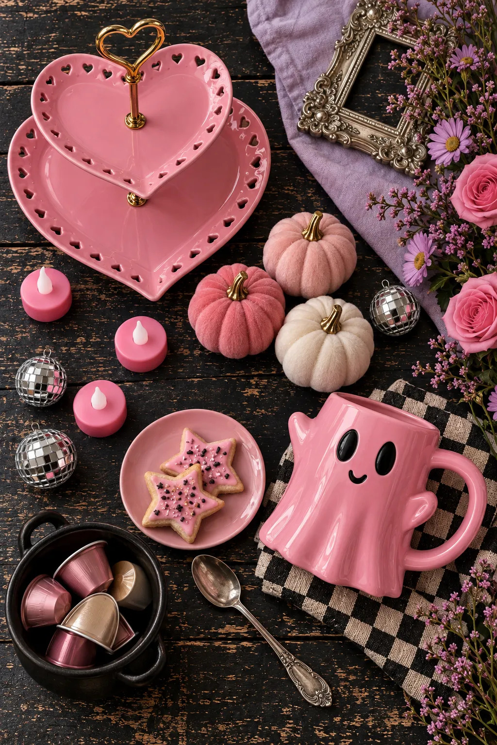 Overhead arrangement of a pink ghost mug, two-tier pink heart stand, mini velvet pumpkins, silver disco balls and pink LED tea lights on a dark table.