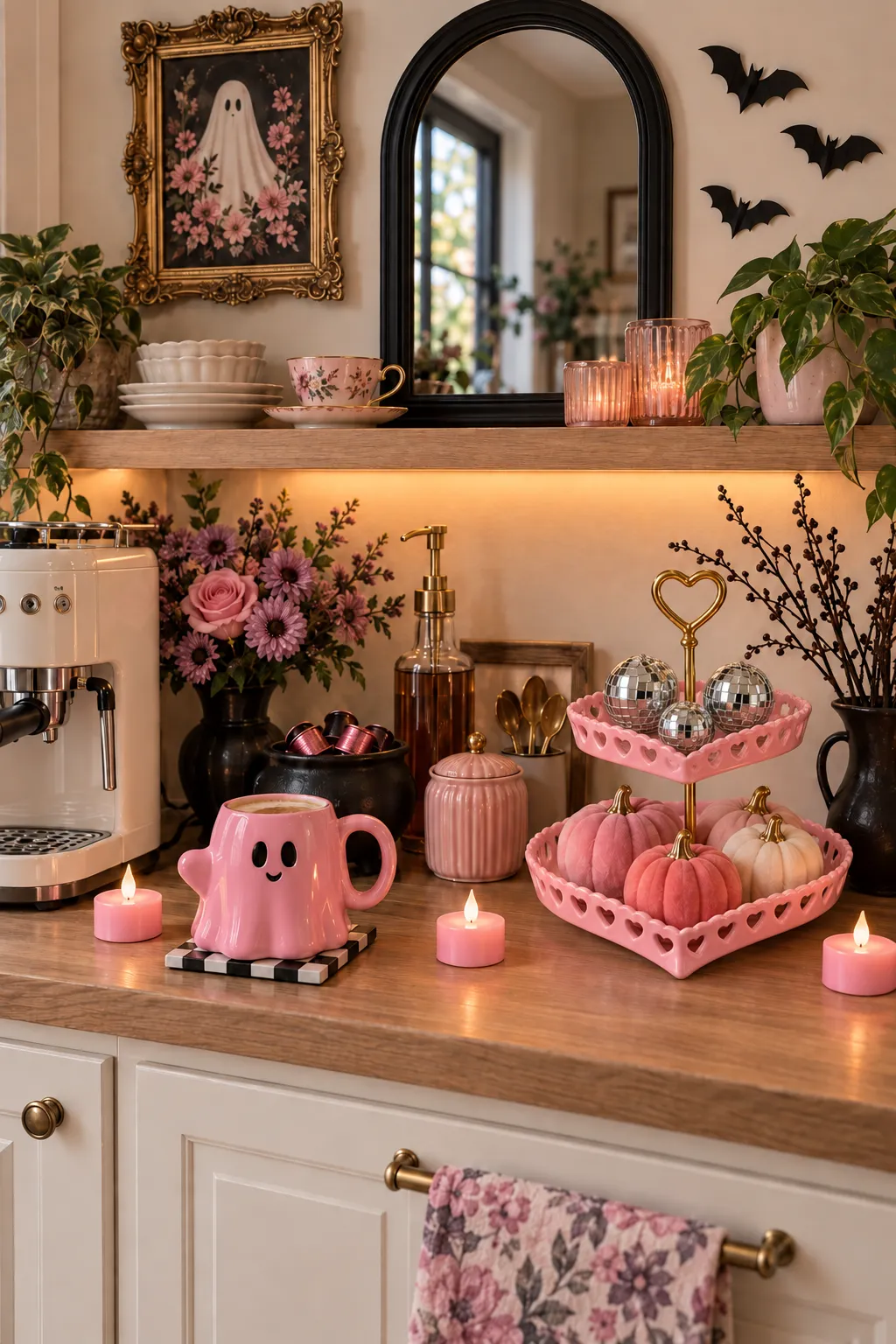 Pink Halloween coffee nook with a ghost mug beside a pink two-tier heart stand holding velvet pumpkins and silver disco balls, with pink LED tea lights near the base.