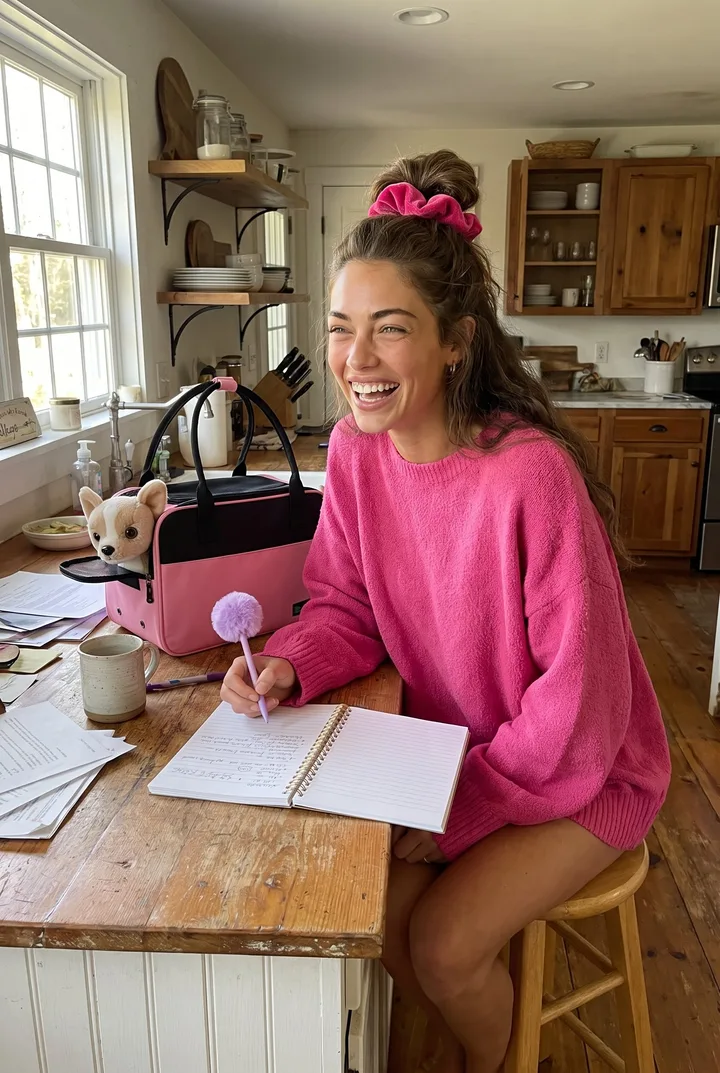 A brown haired woman sitting on her farmhouse kitchen island stool laughing, wearing the hot pink oversized sweater with her hair up in the velvet scrunchie, holding a pom pom pen over a notebook, the plush chihuahua in the pink dog purse carrier beside her.