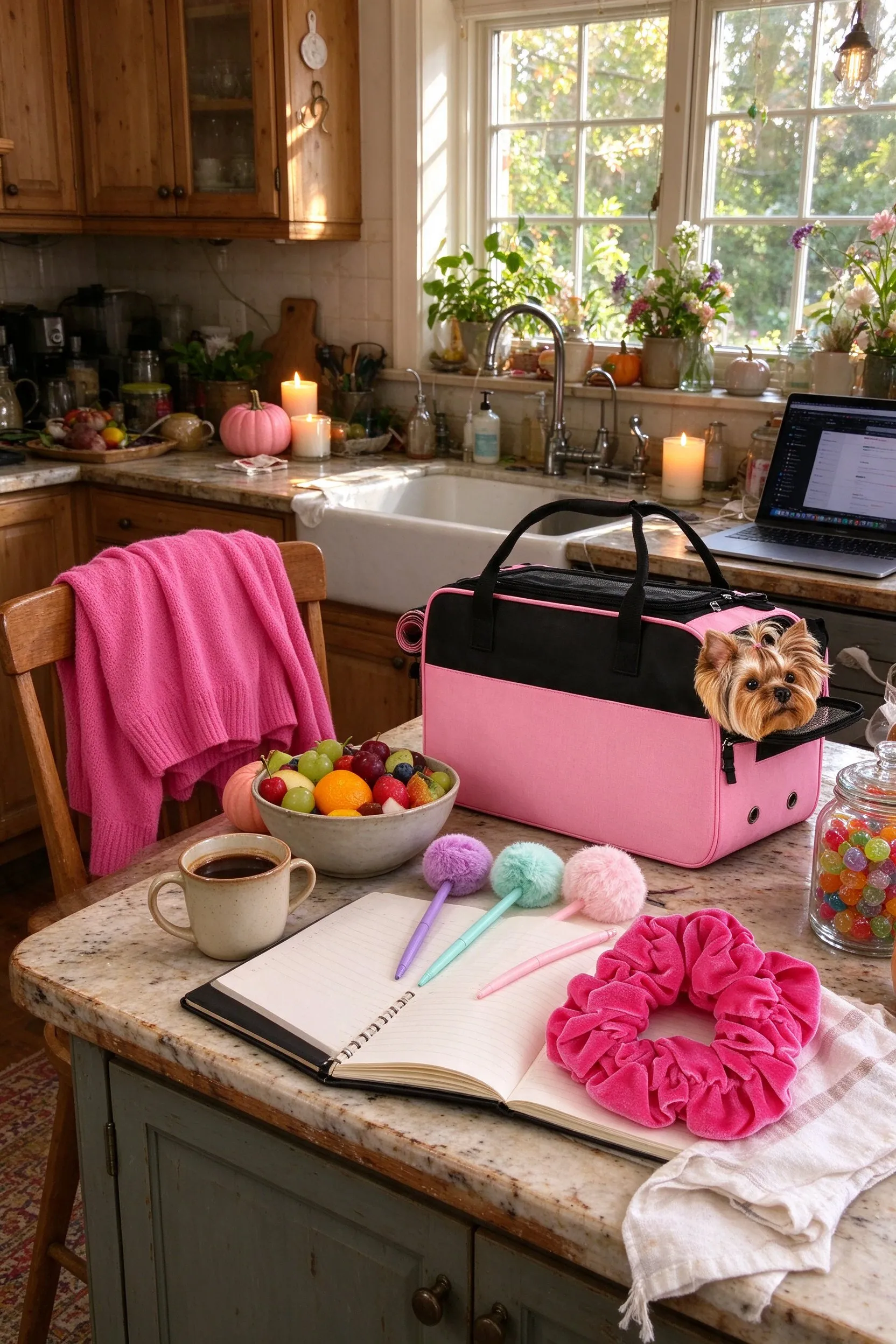 Styled scene: last-minute costume put together on a cluttered farmhouse kitchen island, the pink sweater folded over a chair back, the plush chihuahua peeking out of the pink dog purse carrier.