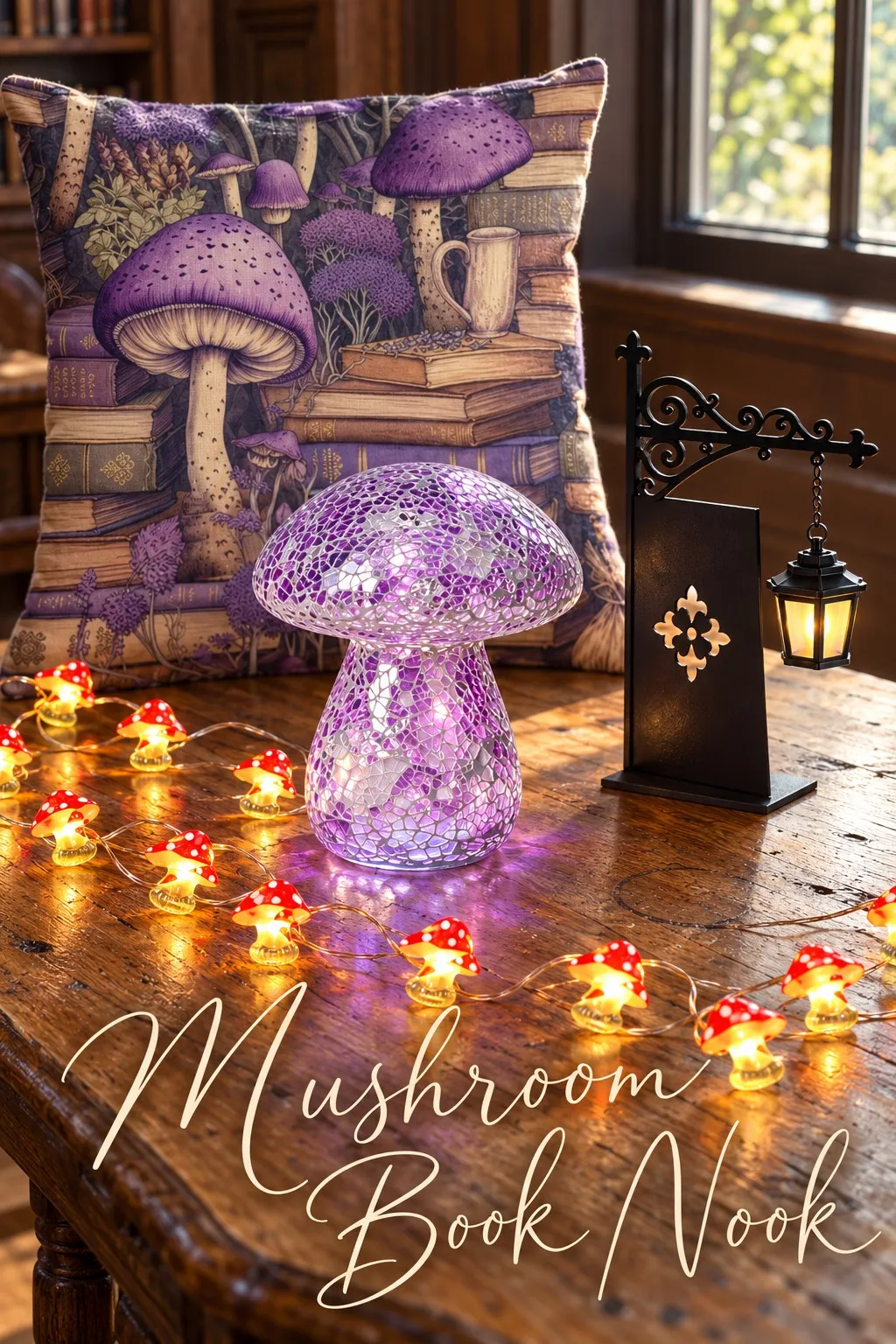 A purple mosaic glass mushroom lamp glowing on a wooden library table, with a lavender mushroom and books pillow, a small black iron library lantern and red spotted mushroom fairy lights, under the words Mushroom Book Nook.