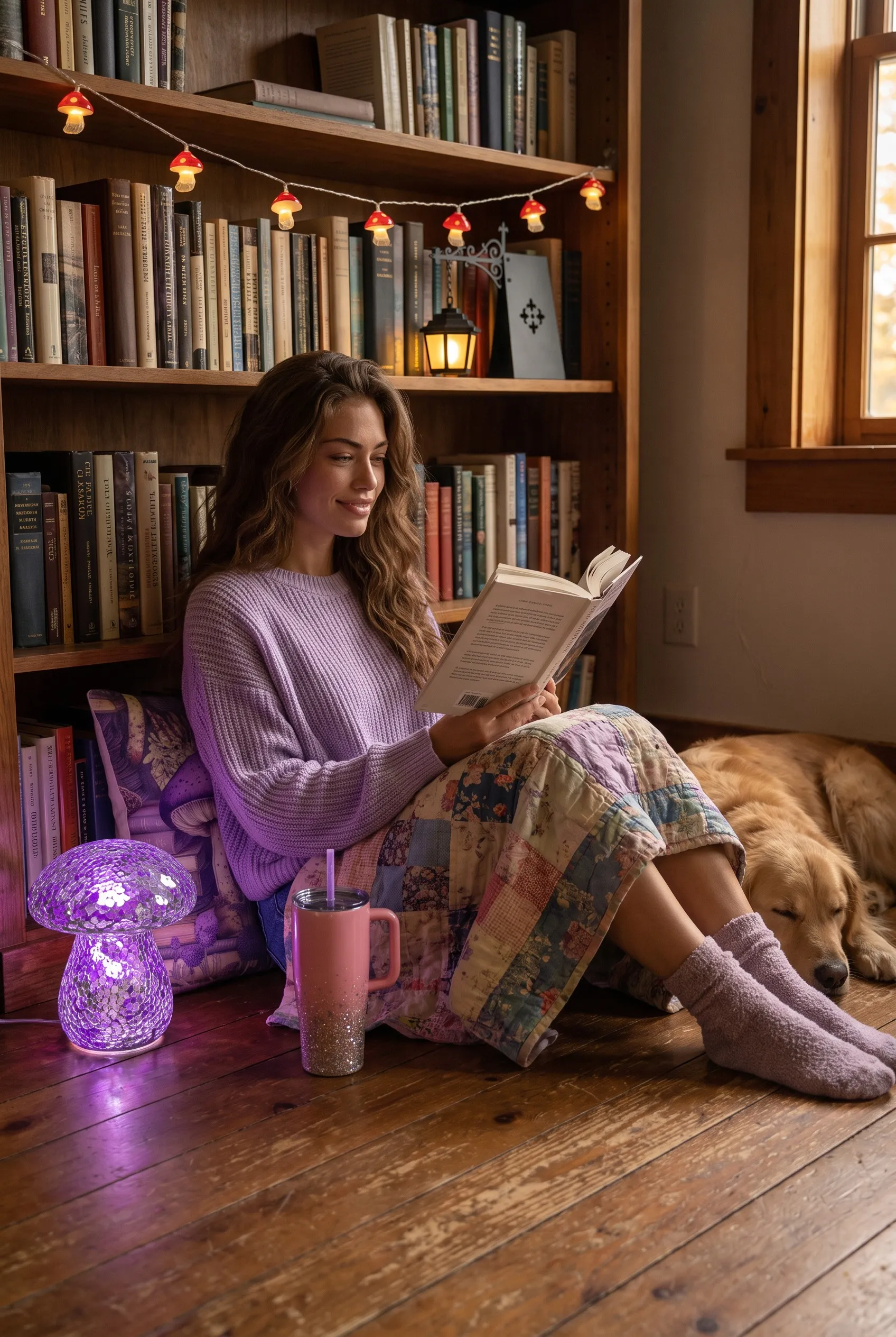 Tommy Kate in a lavender sweater sitting on a wooden floor against a bookshelf reading, with the glowing mosaic mushroom lamp beside her, the mushroom pillow behind her and a golden retriever asleep at her feet.