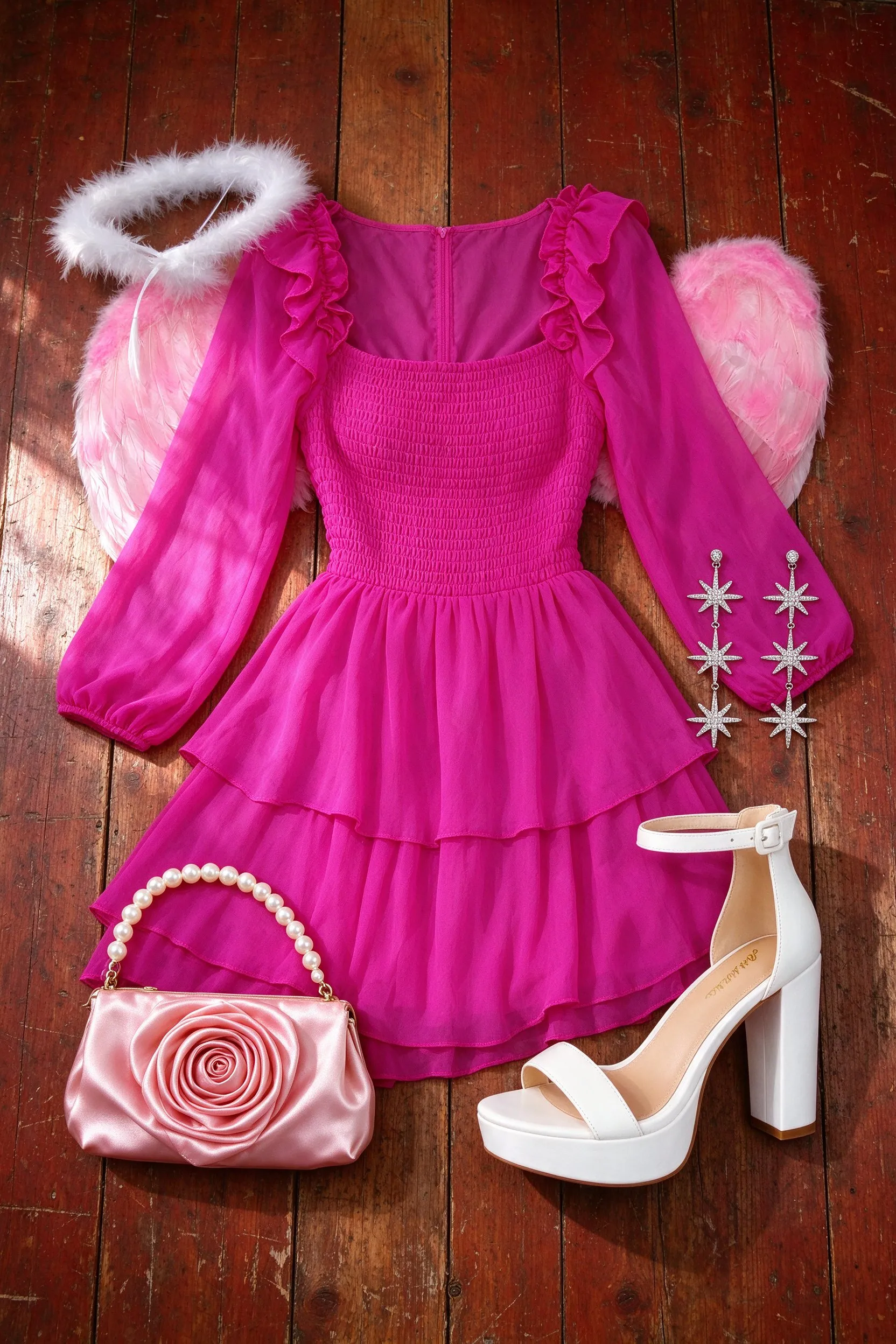 The listed pieces laid out on worn red-brown barn wood planks: hot pink ruffle chiffon mini dress with long sleeves, pink feather angel wings, white feather halo headband, white platform ankle strap heels, pink satin rose clutch with pearl handle and silver rhinestone double star drop earrings.