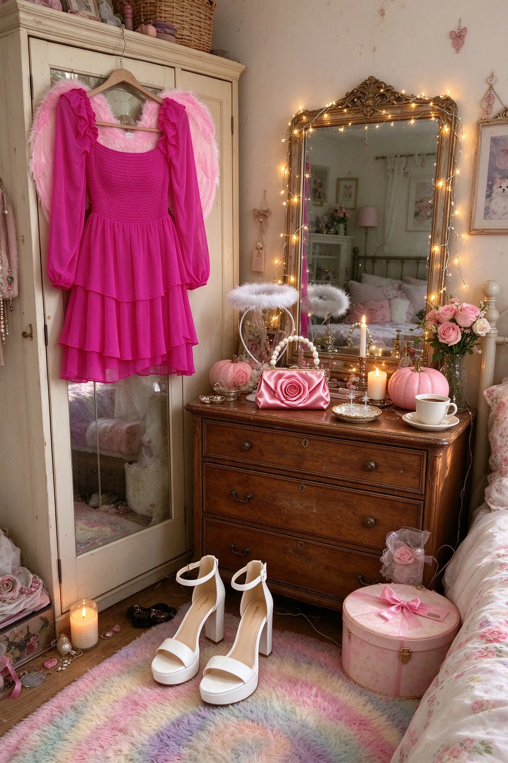 Styled scene: angel costume styled in a farmhouse bedroom corner, the pink ruffle dress hanging on a wardrobe door with the feather wings hung behind it.