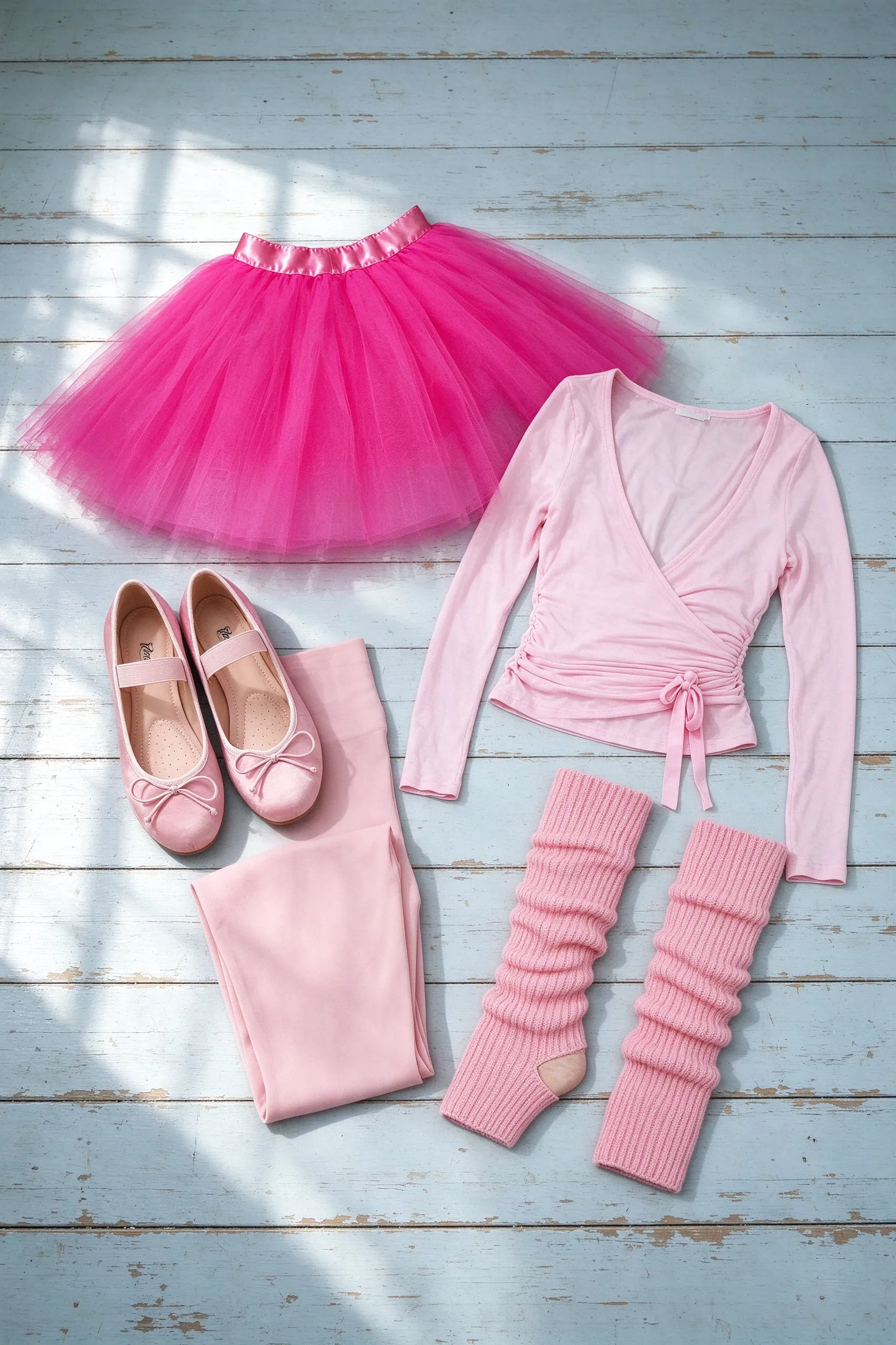 The listed pieces laid out on distressed pale blue painted floorboards: pink adult tulle tutu skirt, pink long sleeve ballet wrap top, pink satin ballet flats, ballet pink soft opaque tights and pink ribbed ballet leg warmers.