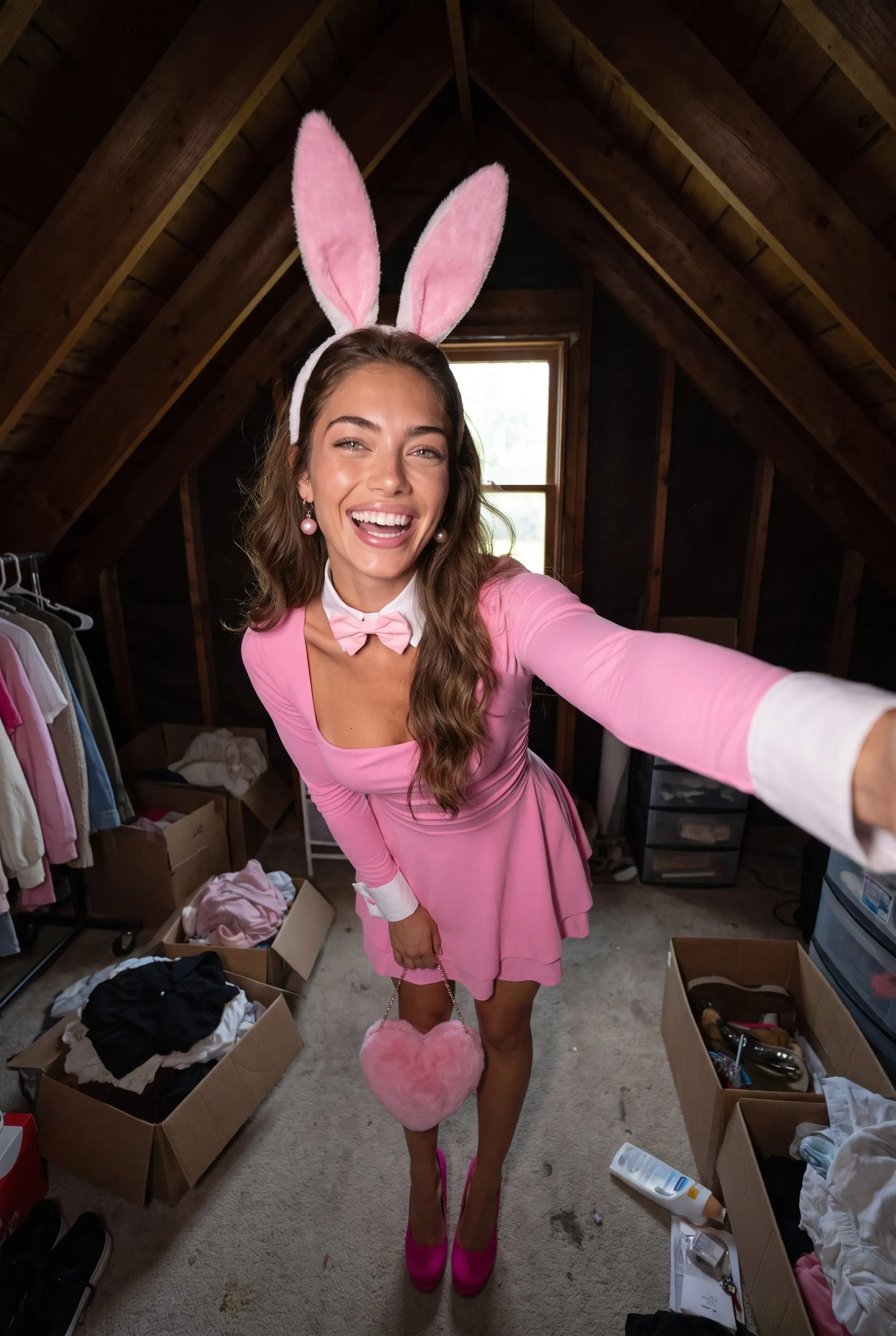 A brown haired woman in her pink attic loft laughing at the camera, wearing the pink corset mini dress, bunny ears, bow tie and cuffs, fuchsia platform pumps and pearl earrings, holding the fur heart clutch.