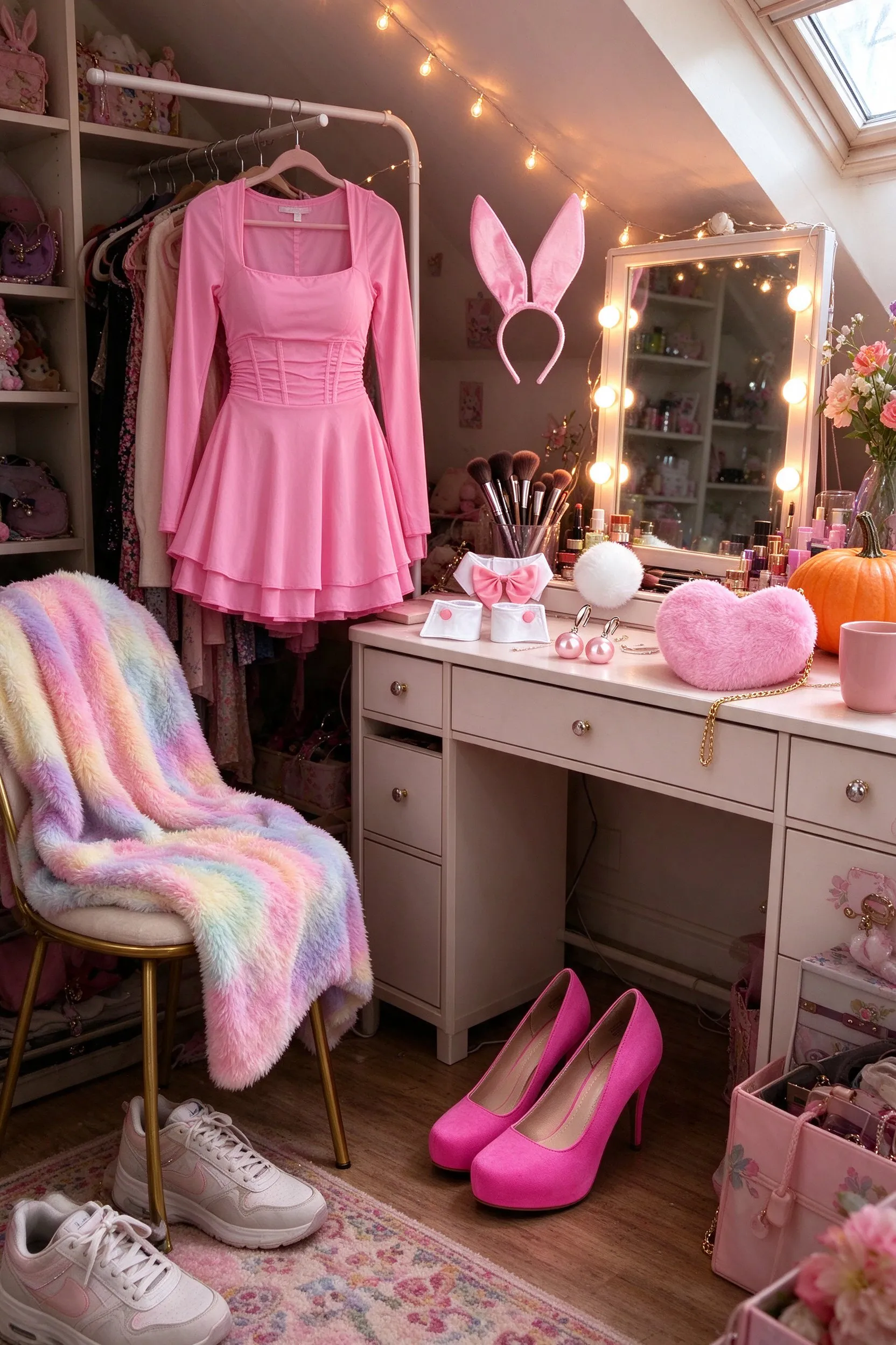 Styled scene: bunny costume styled in a pink attic loft getting-ready corner, the corset dress hanging on a clothes rack, the ears set and cuffs on a vanity.