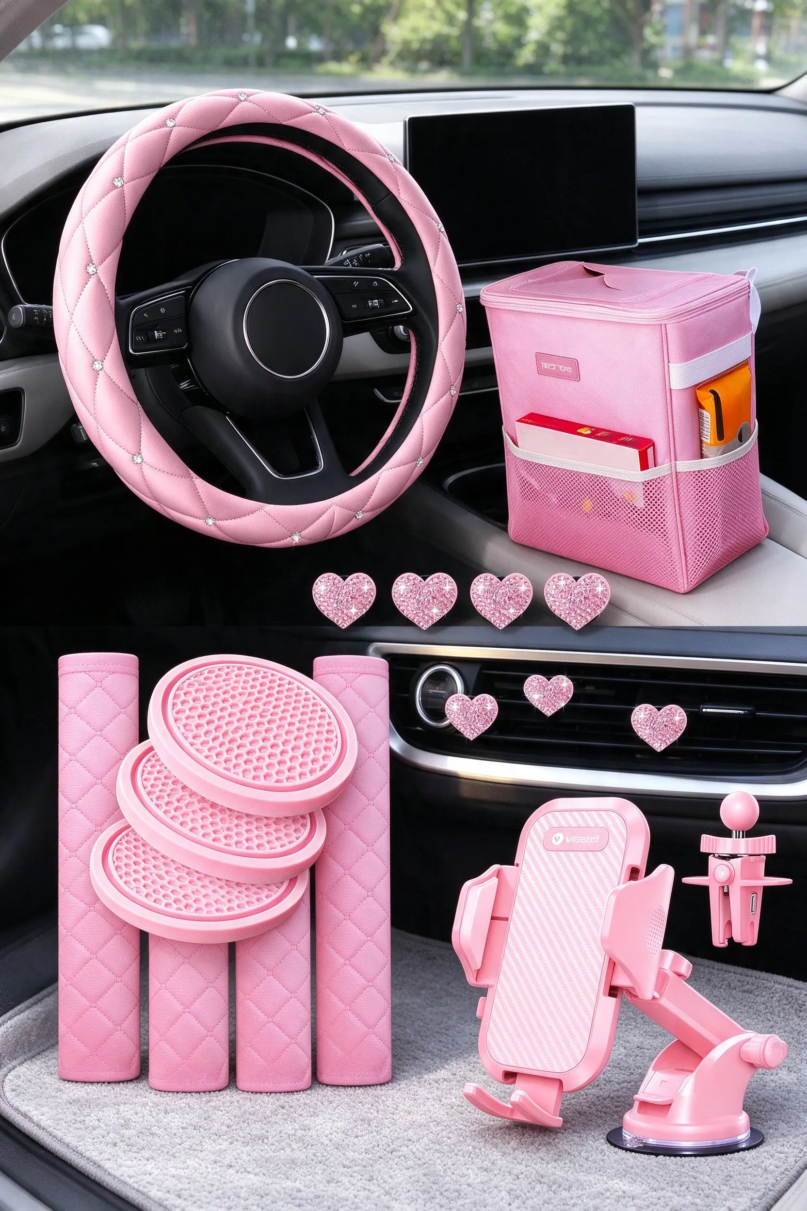 The listed products on the clean passenger seat and dashboard area of a car, shot as a flat product layout on a light gray car floor mat: pink rhinestone steering wheel cover, pink car trash can, pink cup holder coasters 4-pack, pink seat belt covers 5-pack, heart rhinestone vent clips 4-pack pink and pink car phone holder.
