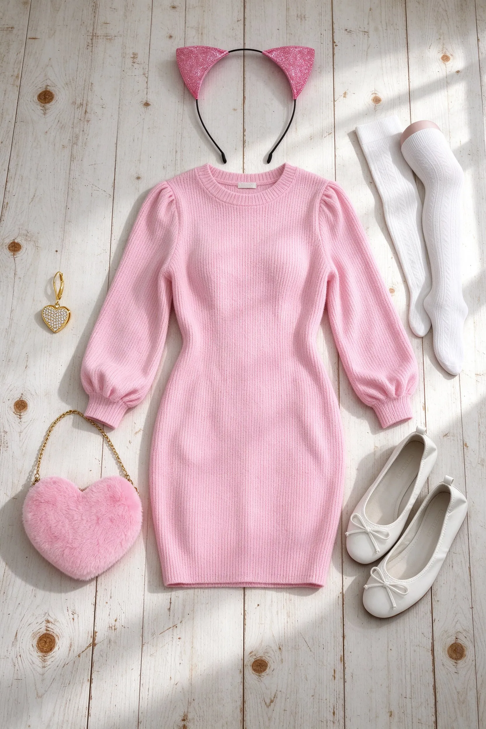 The listed pieces laid out on scuffed whitewashed oak floorboards with a few warm knots: pink puff sleeve sweater dress, pink glitter cat ears headband, white thigh high socks, white bow ballet flats, light pink fluffy heart bag and gold heart drop earrings.