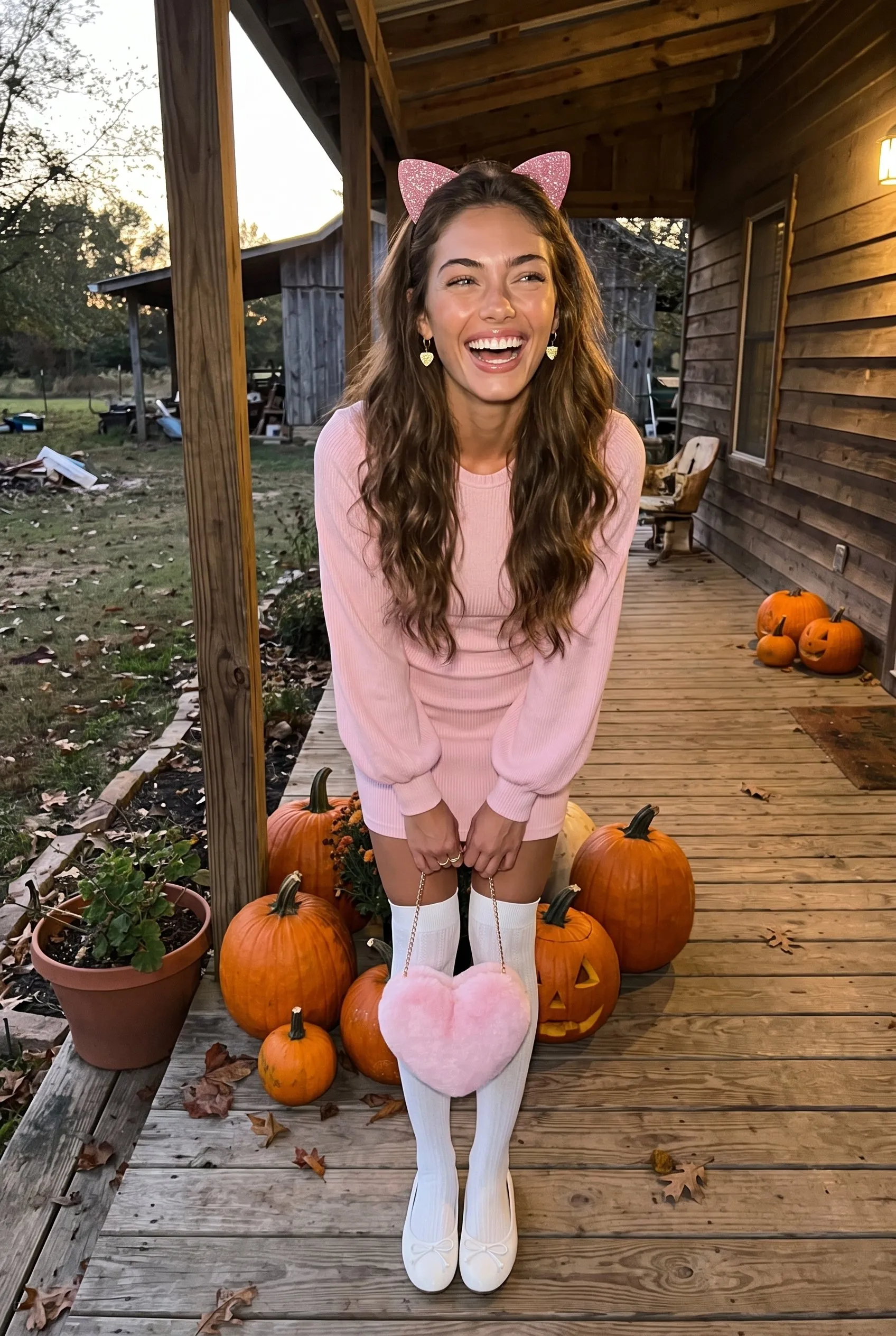 A brown haired woman on her farmhouse front porch at dusk laughing, wearing the pink puff sleeve sweater dress, glitter cat ears, white thigh high socks and bow ballet flats, holding the fluffy heart bag, pumpkins around her.