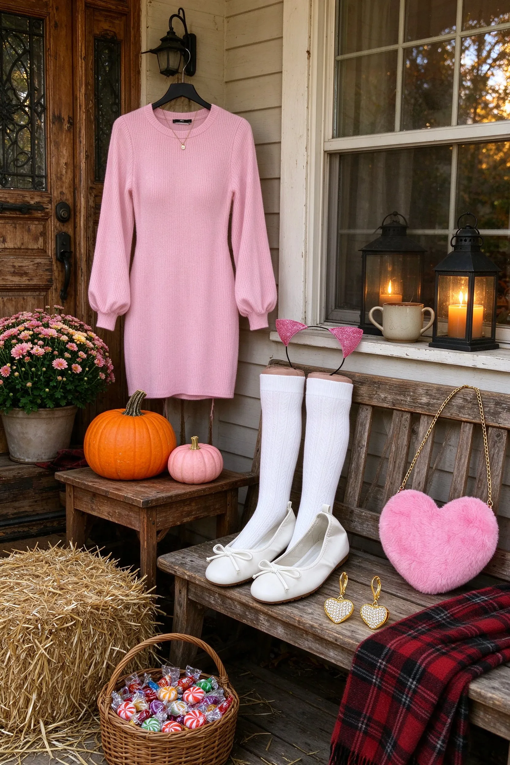 Styled scene: cat costume styled on the farmhouse front porch, the sweater dress hanging from a hook by the door, the thigh highs and flats on a wooden bench, the heart bag on the railing.