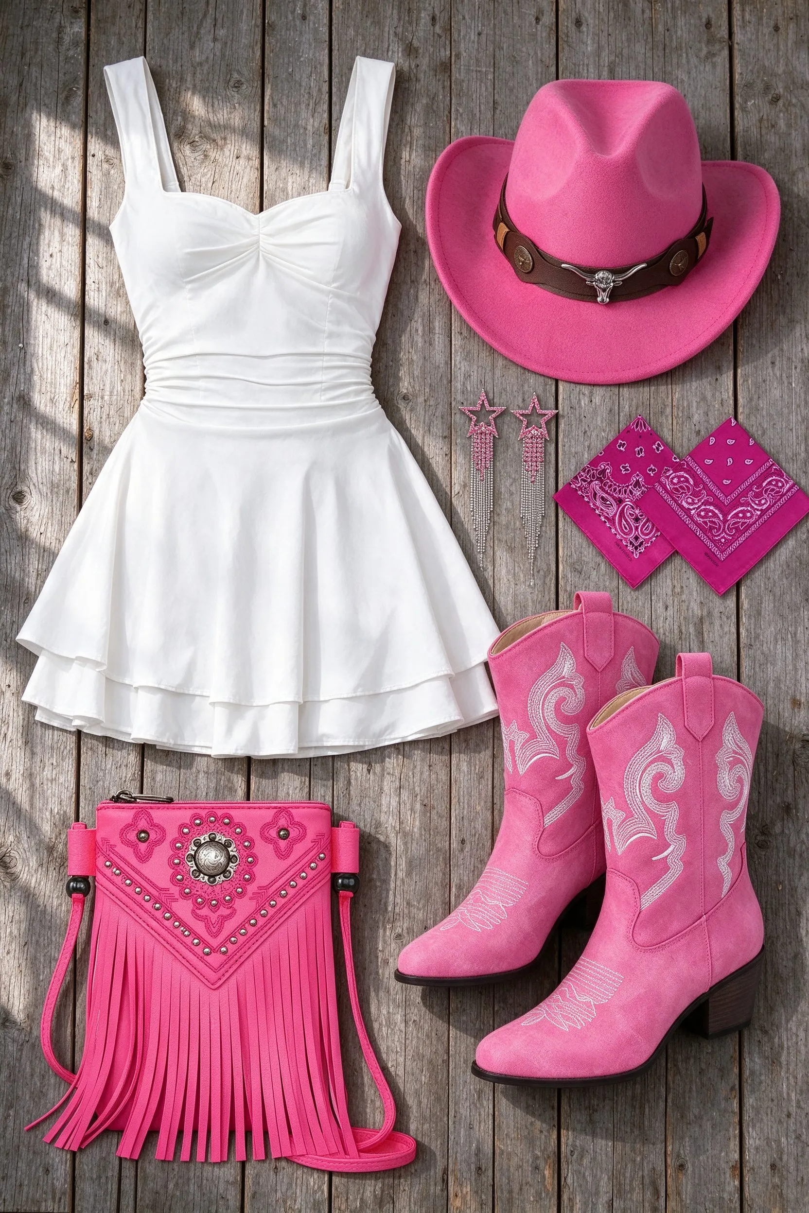 The listed pieces laid out on weathered gray barn wood planks: white square neck corset mini dress, hot pink cowboy hat with wide belt, pink mid calf cowboy boots, hot pink fringe crossbody phone bag, pink crystal star tassel earrings and hot pink paisley bandana, 2 pack.