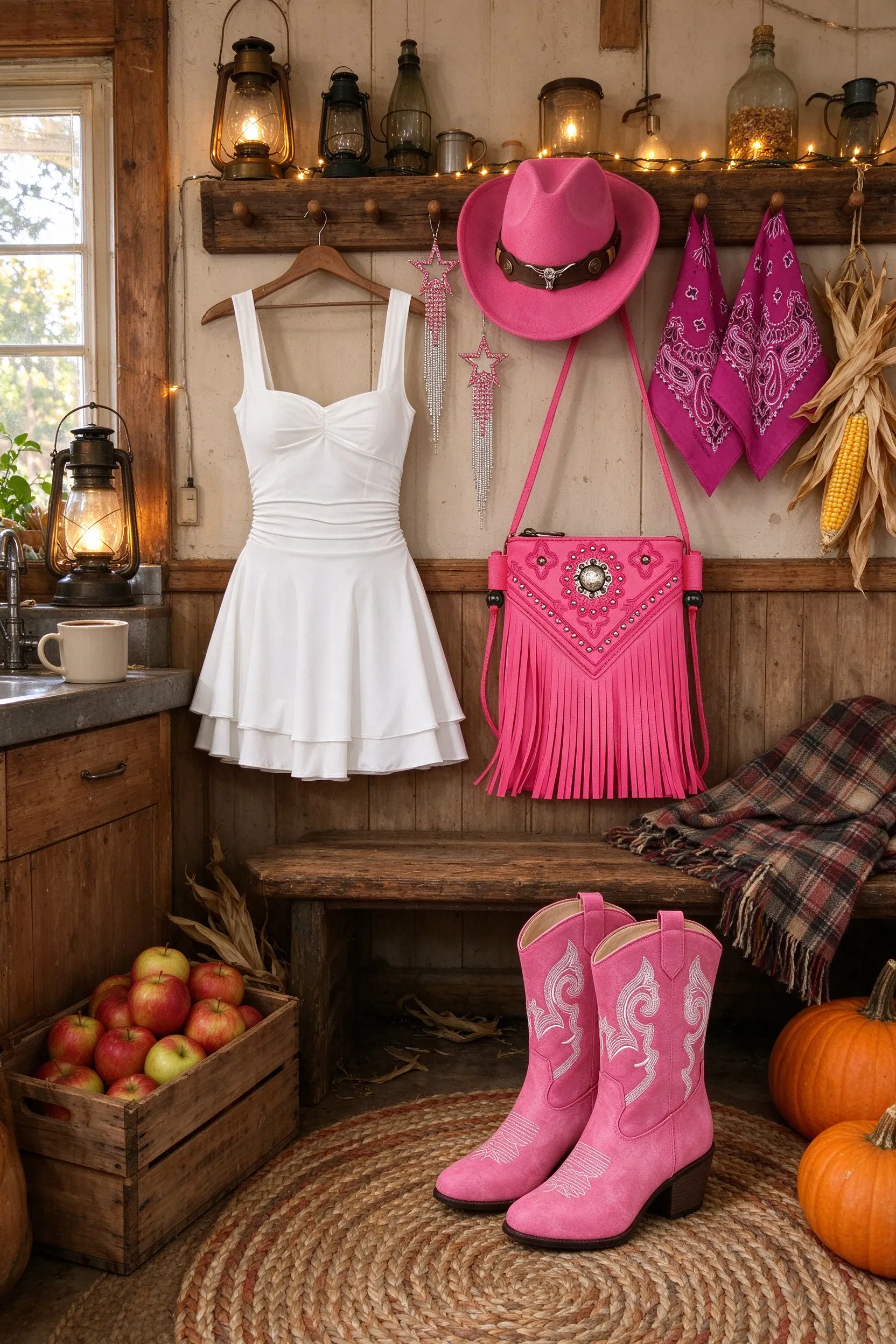Styled scene: cowgirl costume styled in a farmhouse mudroom, the white corset dress hanging from a peg rail, the pink cowboy hat on a peg, the boots standing on a braided rug, the fringe bag and bandanas hanging.