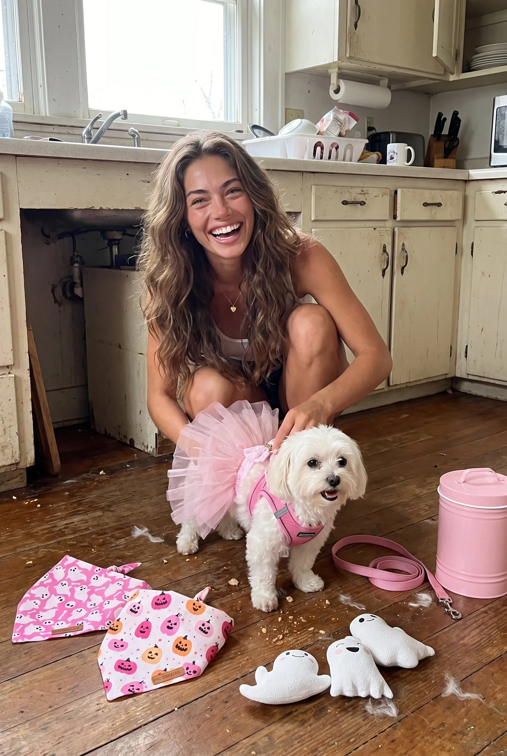 A brown haired woman crouching on her farmhouse kitchen floor laughing, putting the pink tulle tutu dress on a small fluffy white dog wearing the pink step-in harness, the ghost bandanas, ghost toys and treat canister around them.