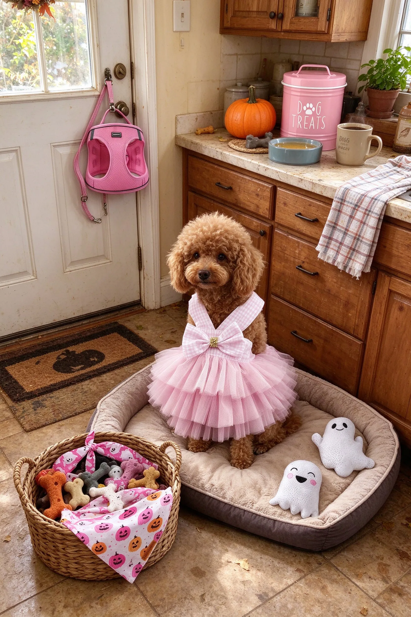 Styled scene: pink Halloween dog corner in a farmhouse kitchen: dog bed, the treat canister on the counter, the harness and leash hanging from a hook, the bandanas folded on a basket, the ghost toys scattered.