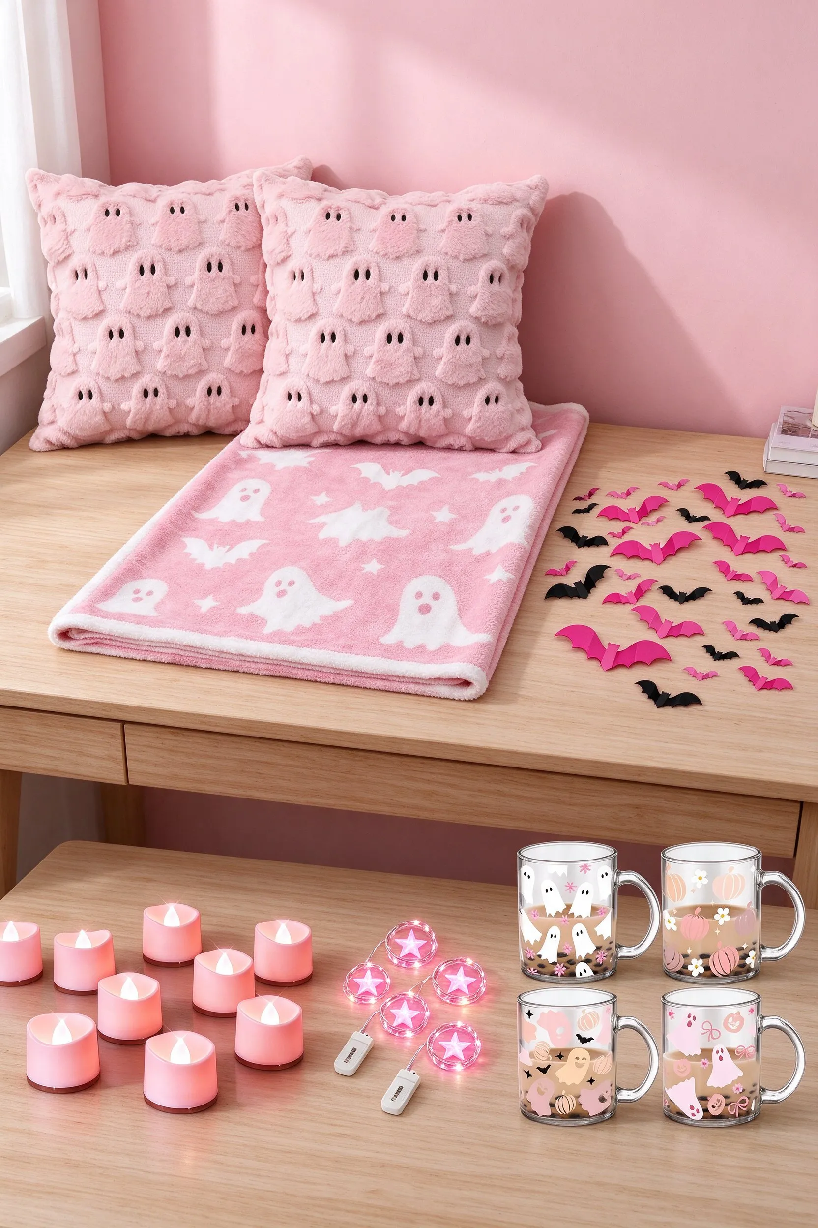 The listed products on a plain light wood desk against a soft pink painted wall: pink ghost throw pillow covers, set of 2, pink ghost and bat throw blanket, pink 3d bat wall decor, 48 pieces, pink flameless tea lights, 12 pack, pink star fairy lights, 6 pack and pink ghost glass mugs, 4 pack.