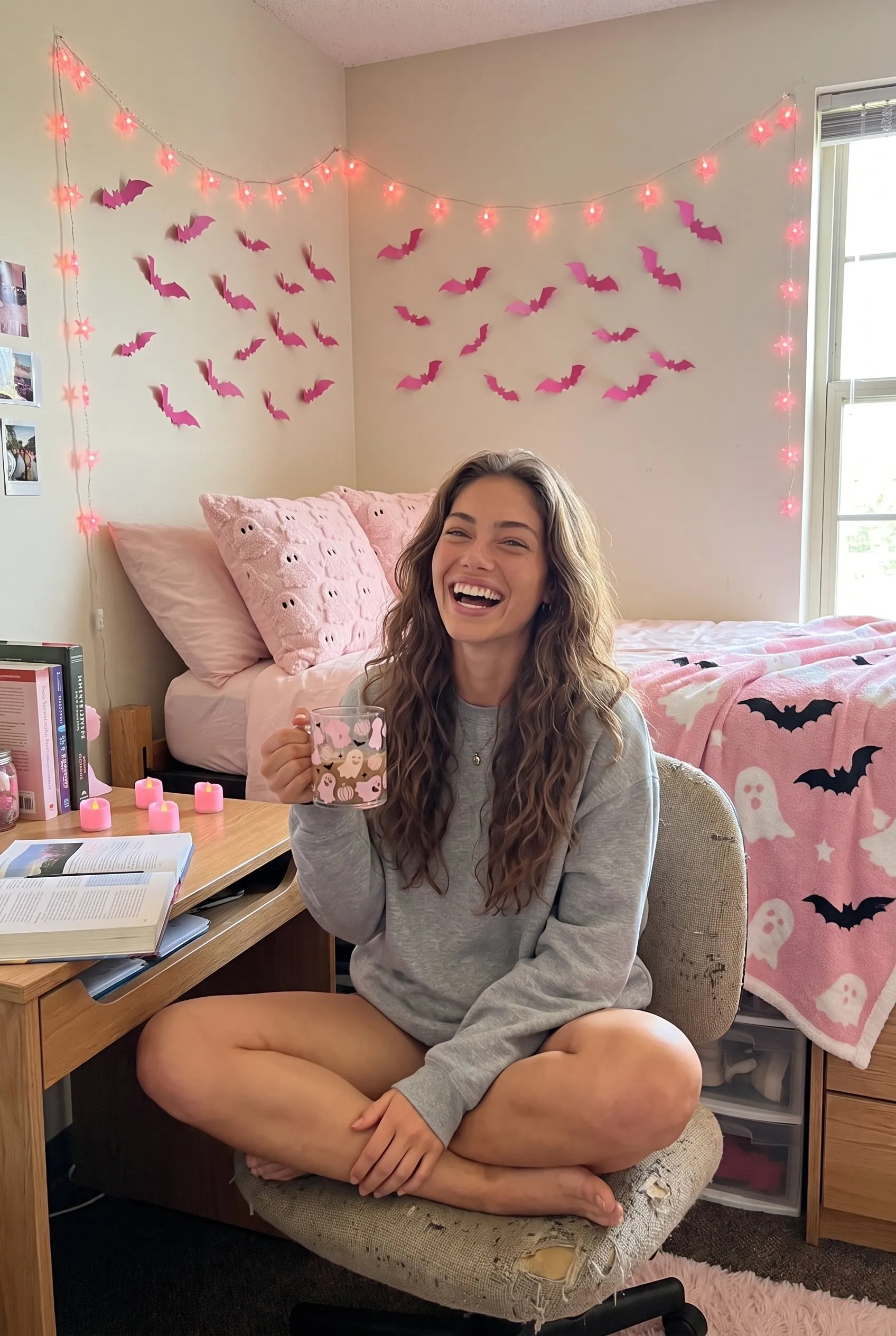 A brown haired woman sitting cross-legged on her desk chair in a cozy dorm room laughing, holding a pink ghost glass mug, the ghost pillows and ghost and bat blanket on the bed behind her, star fairy lights and pink bats on the wall.