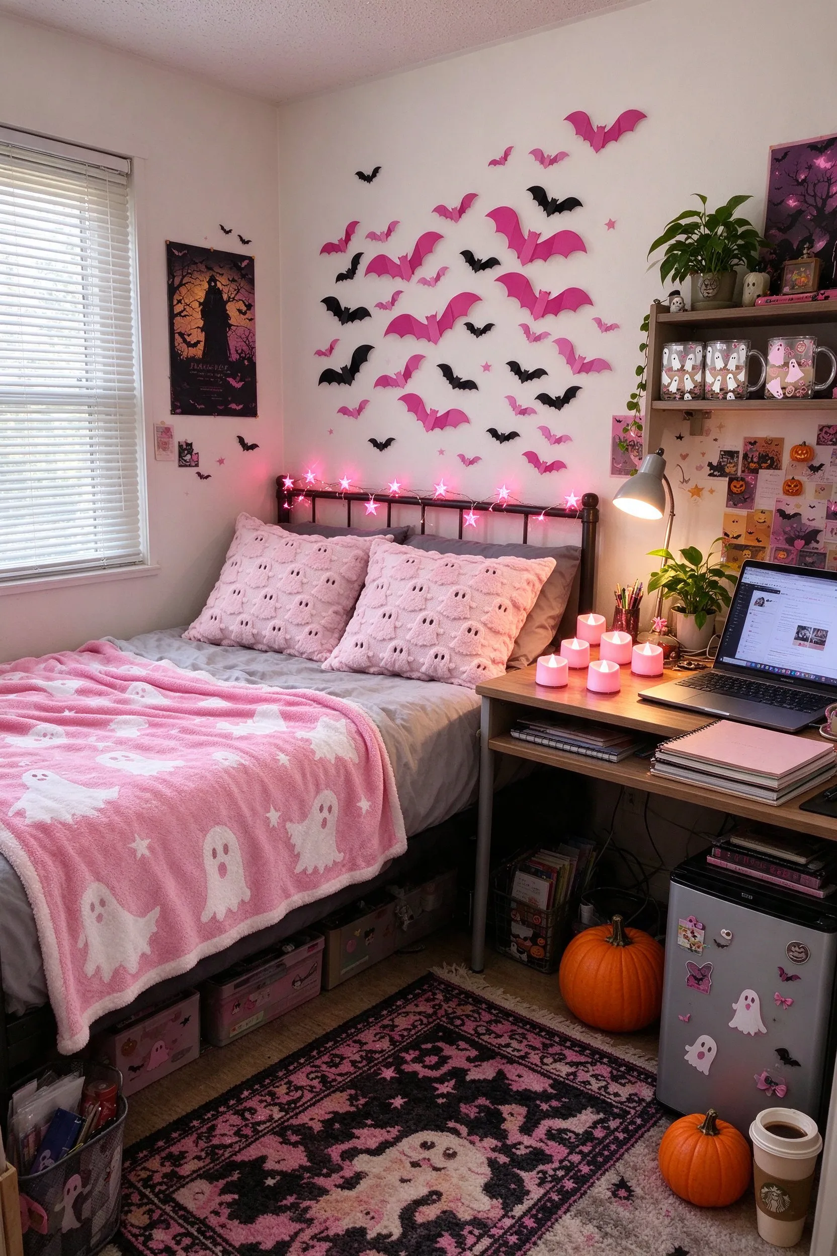Styled scene: small dorm room decorated for pink Halloween: the ghost pillows and ghost and bat blanket on a made twin bed, the 3D bats flying up the wall, star fairy lights draped over the headboard, flameless tea lights glowing on the desk, ghost mugs on a shelf.
