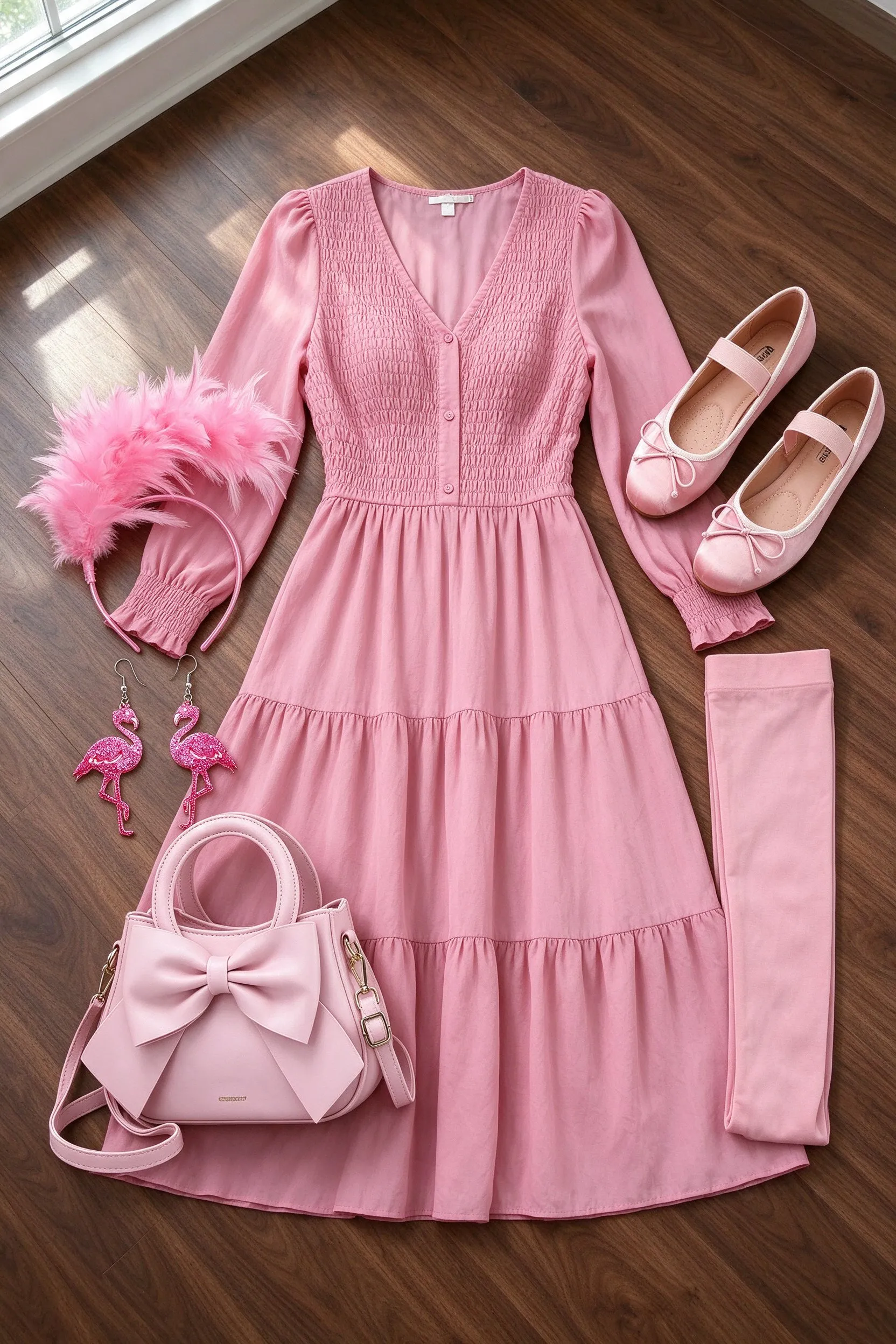 The listed pieces laid out on a wide plank walnut floor: pink flowy midi work dress, pink feather fascinator headband, pink satin mary jane flats, pink bow top handle crossbody bag, pink flamingo glitter dangle earrings and soft opaque pink tights.