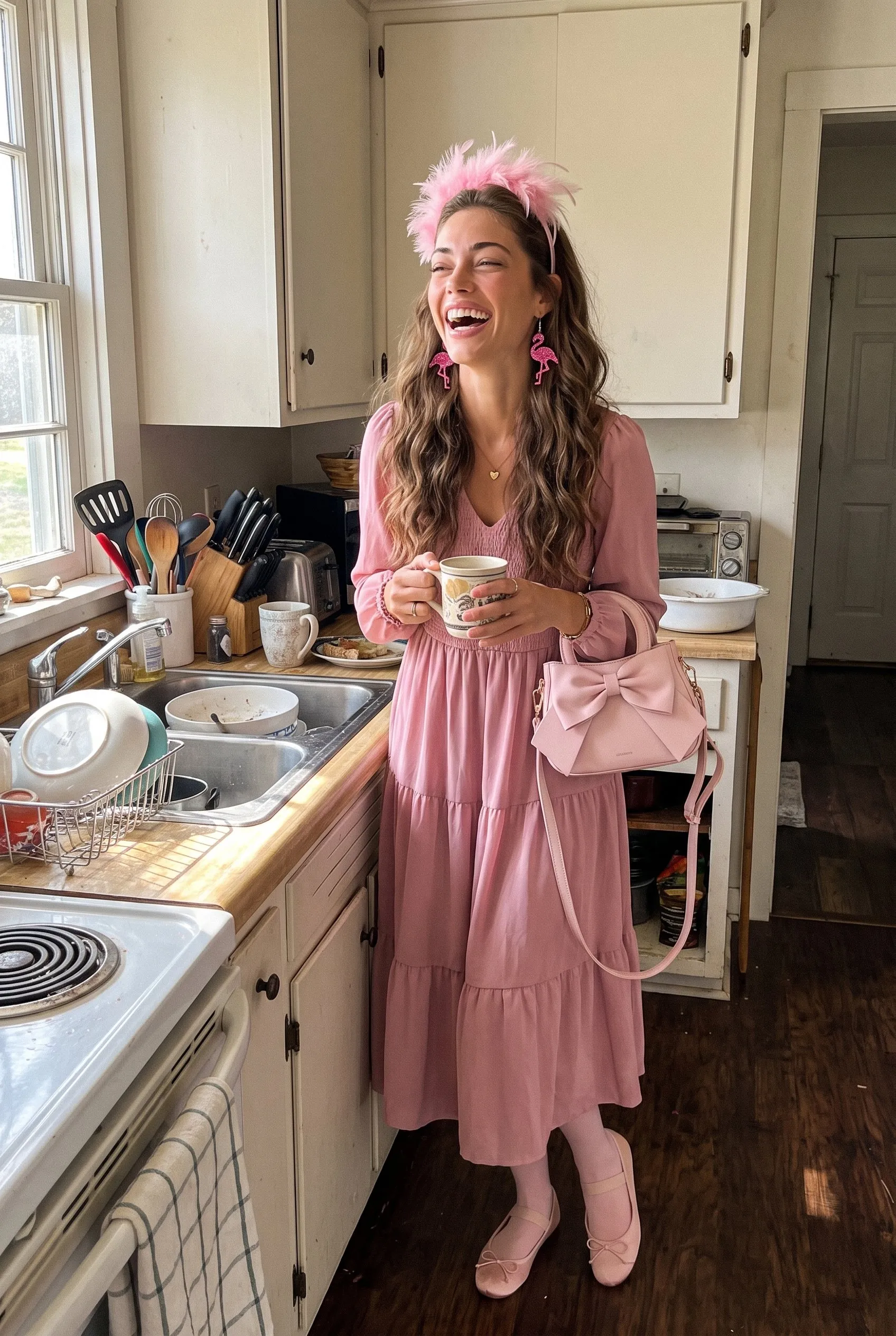 A brown haired woman standing in her farmhouse kitchen with a coffee mug laughing, dressed for work, wearing the pink flowy midi dress, feather fascinator, pink tights, satin Mary Jane flats and flamingo earrings, the bow bag on her arm.