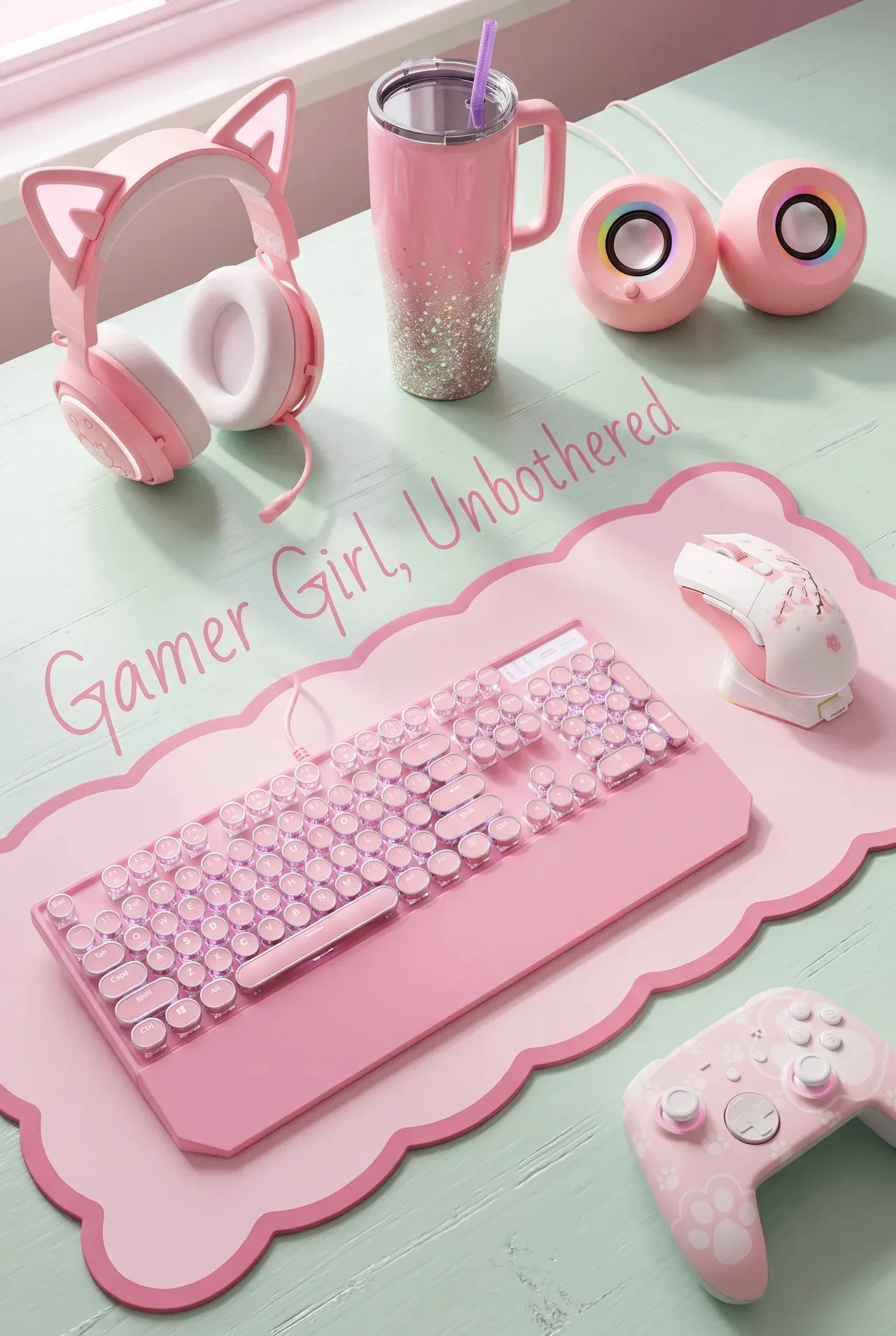 A pink cat-ear headset, round-key pink typewriter keyboard on a scalloped pink desk mat, a cherry blossom mouse on its dock, a paw-print controller and two pink orb speakers on a mint desk, with the words Gamer Girl, Unbothered.