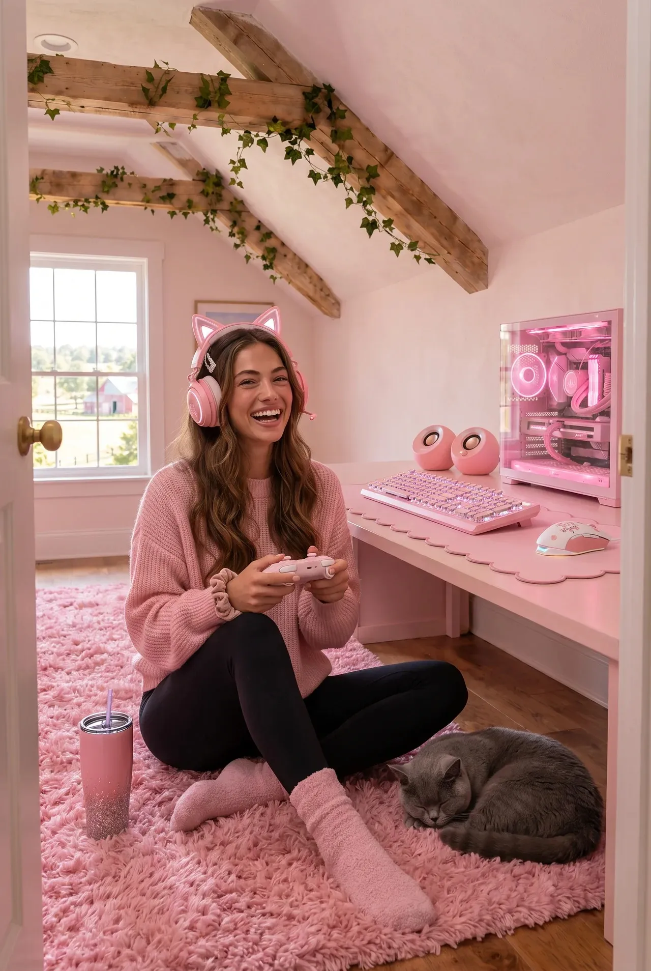Tommy Kate laughing on a pink shag rug in her attic loft wearing the pink cat-ear headset and holding the paw-print controller, with the keyboard, mouse and speakers on the desk behind her and a grey cat curled beside her.
