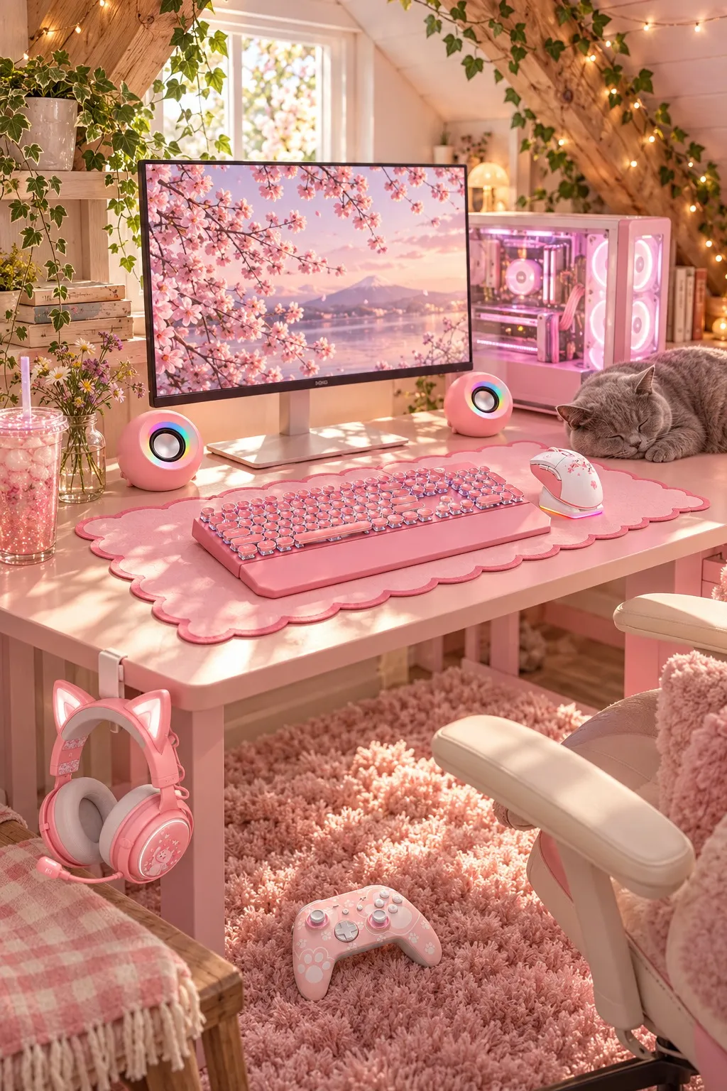 A pink attic gaming desk with the scalloped mat, pink typewriter keyboard, cherry blossom mouse and pink orb speakers, a glowing pink PC, a cat asleep on the desk, the cat-ear headset hanging from the desk and the paw-print controller on a pink rug.
