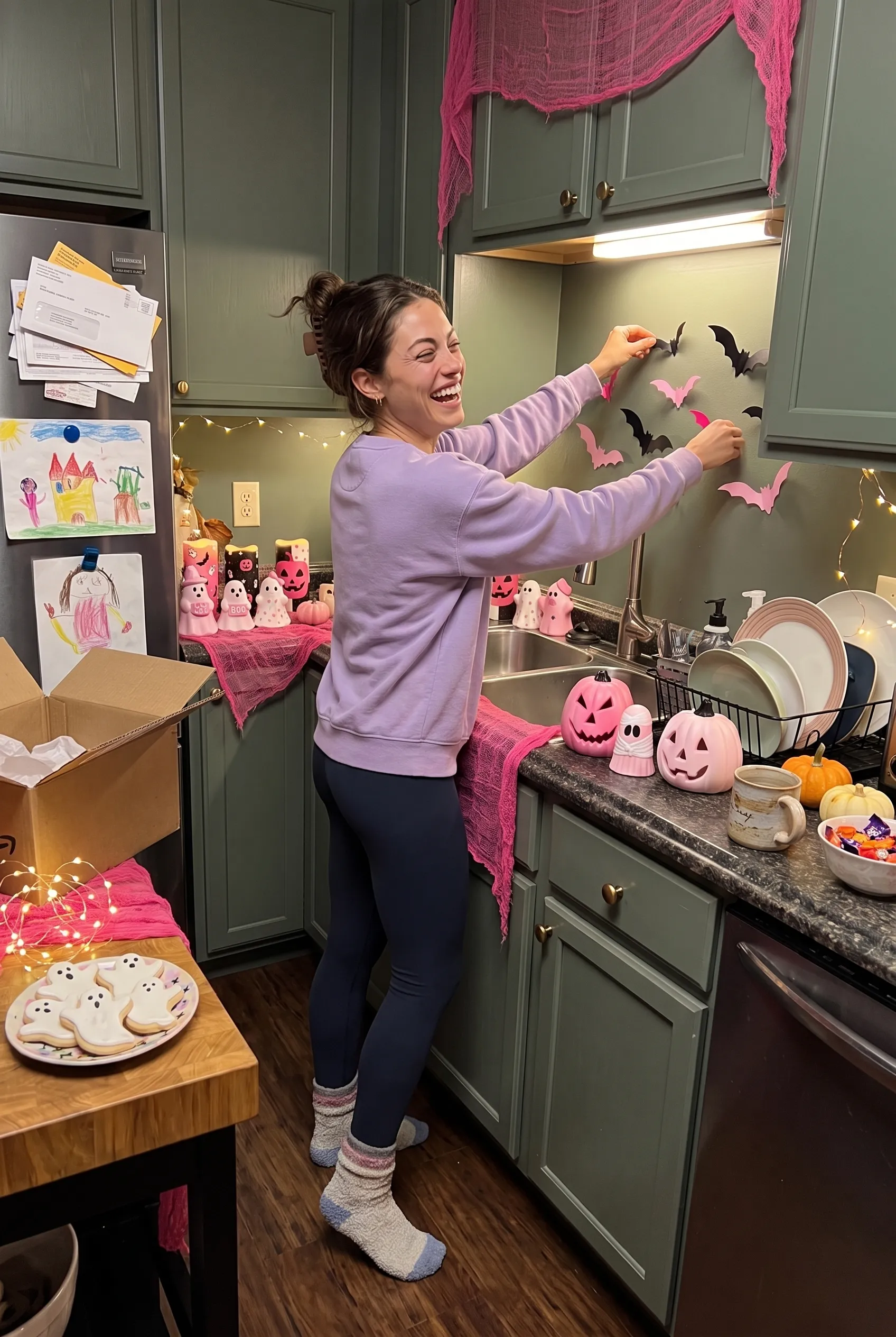 A brown haired woman laughing as she sticks pink and black paper bats on her kitchen wall, with pink ghost figurines, pumpkin candles, jack-o-lanterns and pink creepy gauze on the counter.