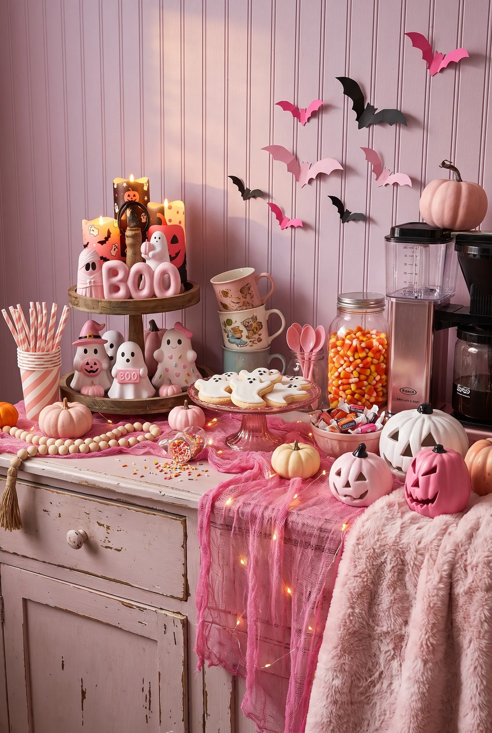A pink Halloween coffee bar on a painted sideboard with ghosts, a BOO sign, pink gauze, candy jars and paper bats on the wall