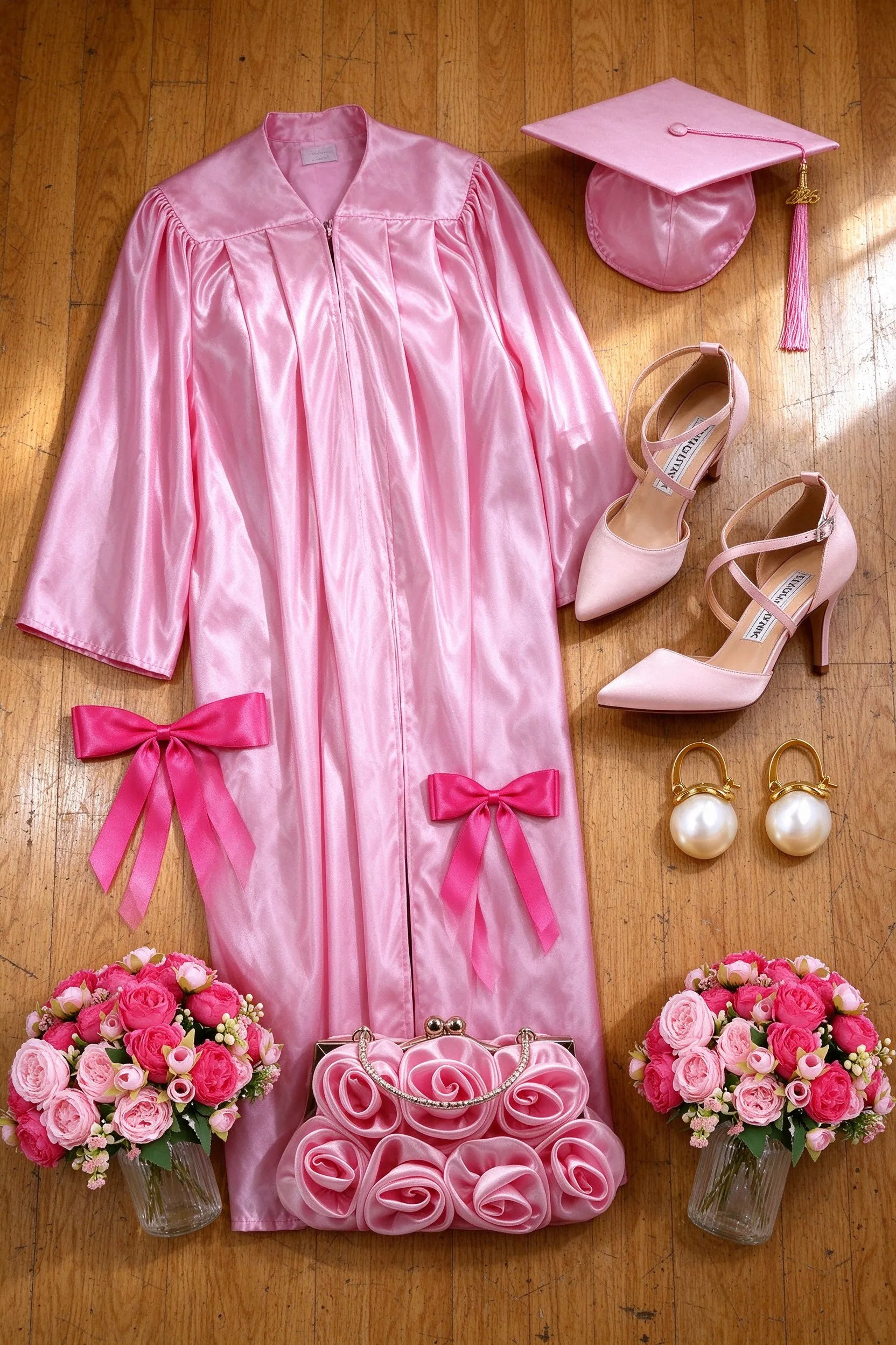 The listed pieces laid out on a scuffed honey-oak floor: pink shiny graduation cap and gown set, blush satin pointed toe strappy heels, gold pearl drop earrings, hot pink satin hair bows, 2 pack, pink floral satin clutch and pink faux peony bouquets, 2 pack.