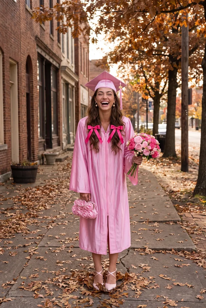 A brown haired woman on a leafy small town sidewalk in fall laughing, wearing the pink shiny graduation cap and gown, satin hair bows, pearl drop earrings and blush strappy heels, holding the peony bouquet and floral clutch.