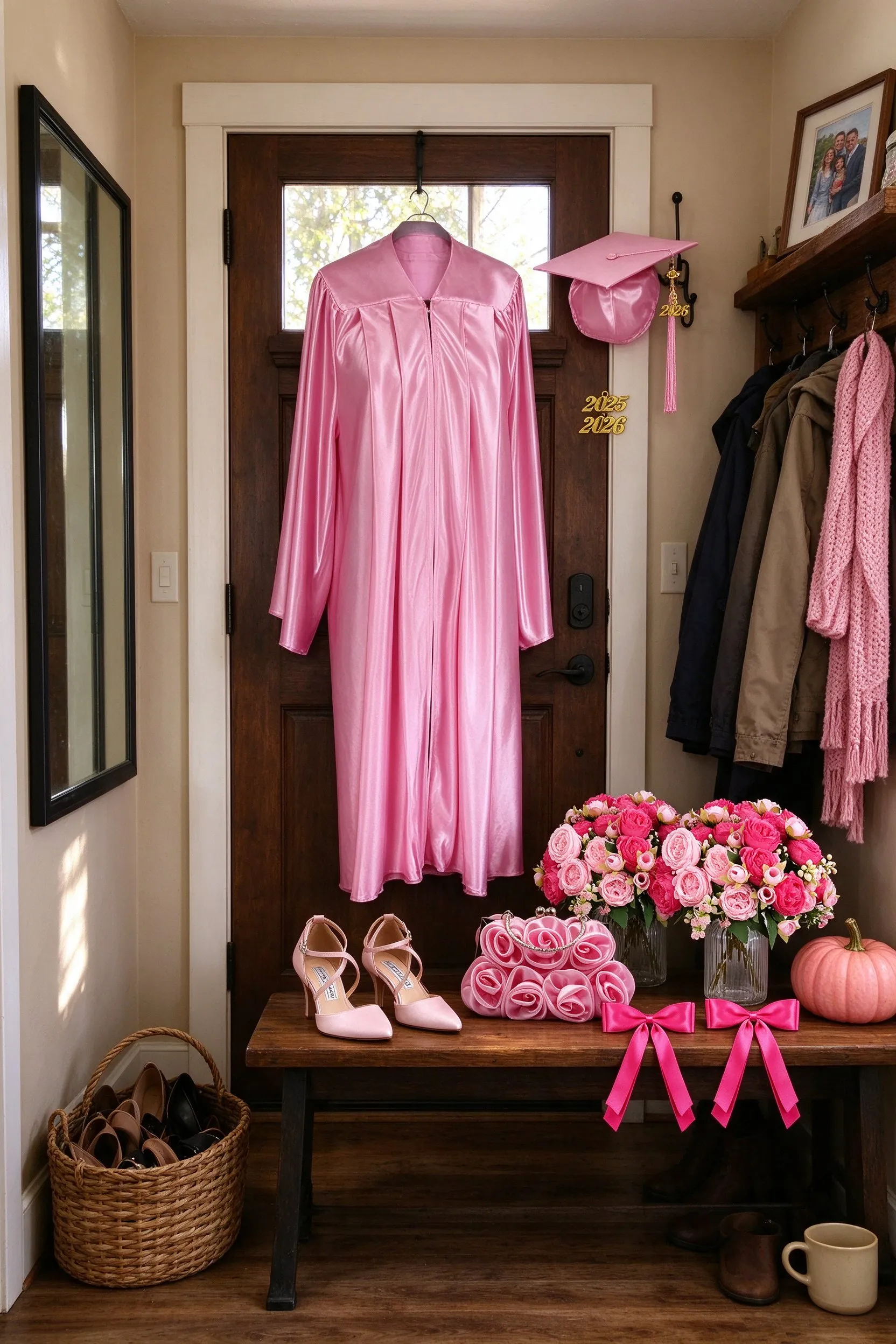 Styled scene: graduation costume styled in a farmhouse hallway, the pink gown hanging on a door with the cap on a hook, the heels, clutch and peony bouquets on a bench.
