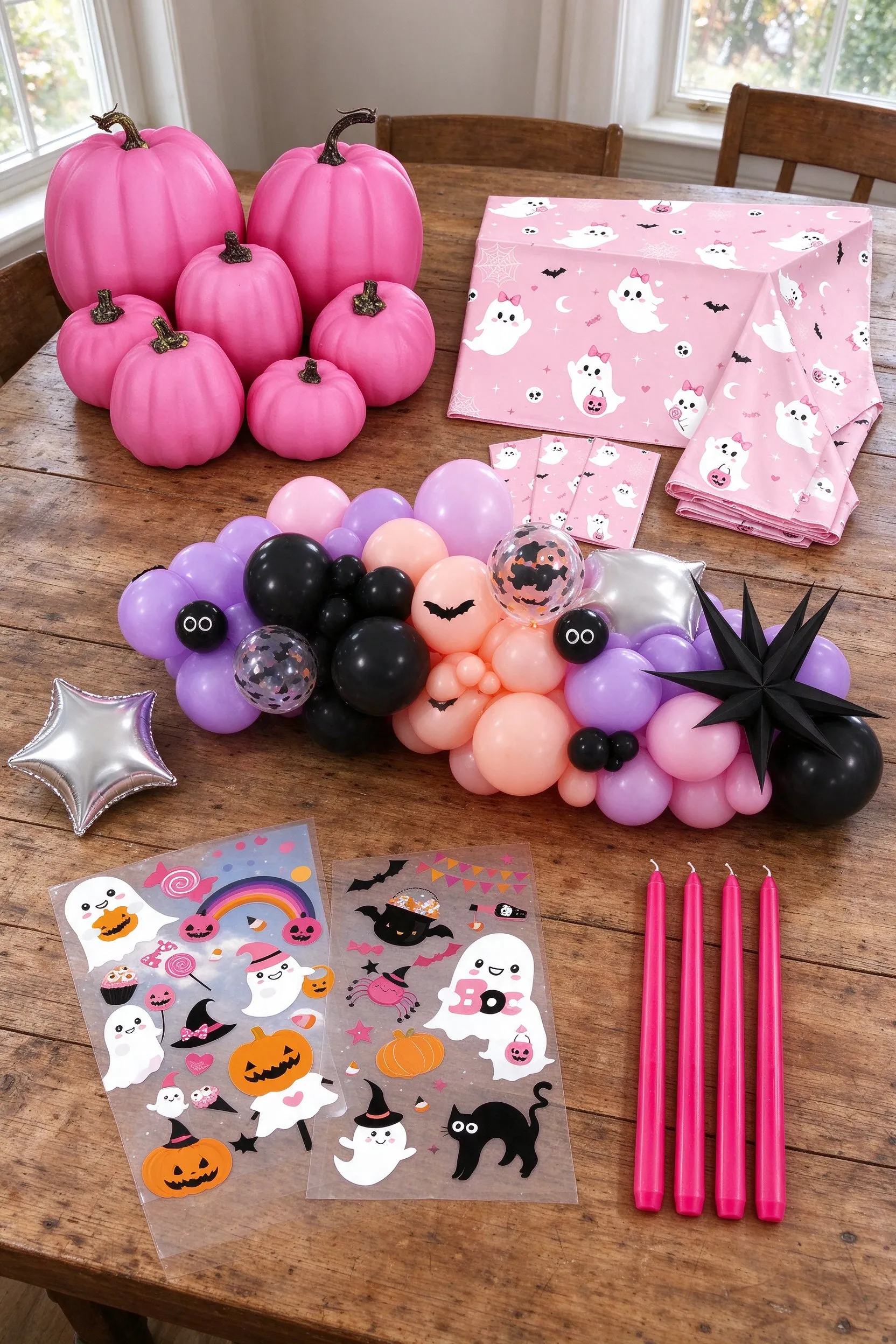 The listed products on a worn wooden farmhouse dining table: hot pink artificial pumpkins, set of 7, pink and purple halloween balloon garland kit, pink ghost halloween tablecloths, 3 pack, pink halloween window clings and hot pink taper candles, 4 pack.