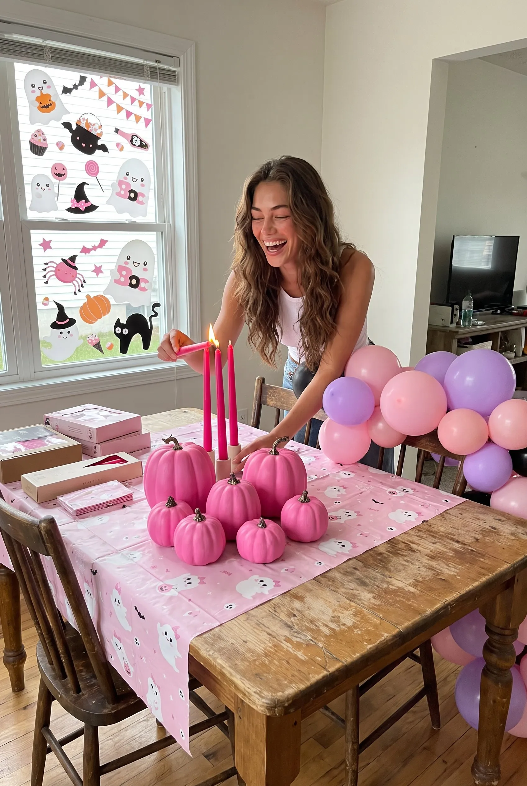 A brown haired woman standing at her farmhouse dining table laughing as she lights the hot pink taper candles, the ghost tablecloth, hot pink pumpkins and balloon garland around her, window clings on the glass.