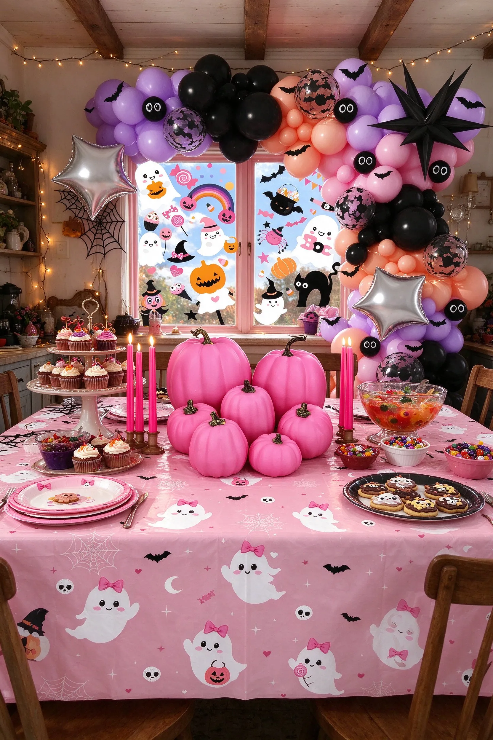Styled scene: pink Halloween party set up in a farmhouse dining room: the balloon garland over the window, ghost tablecloth on the table, hot pink pumpkins and lit taper candles down the middle, window clings on the glass.