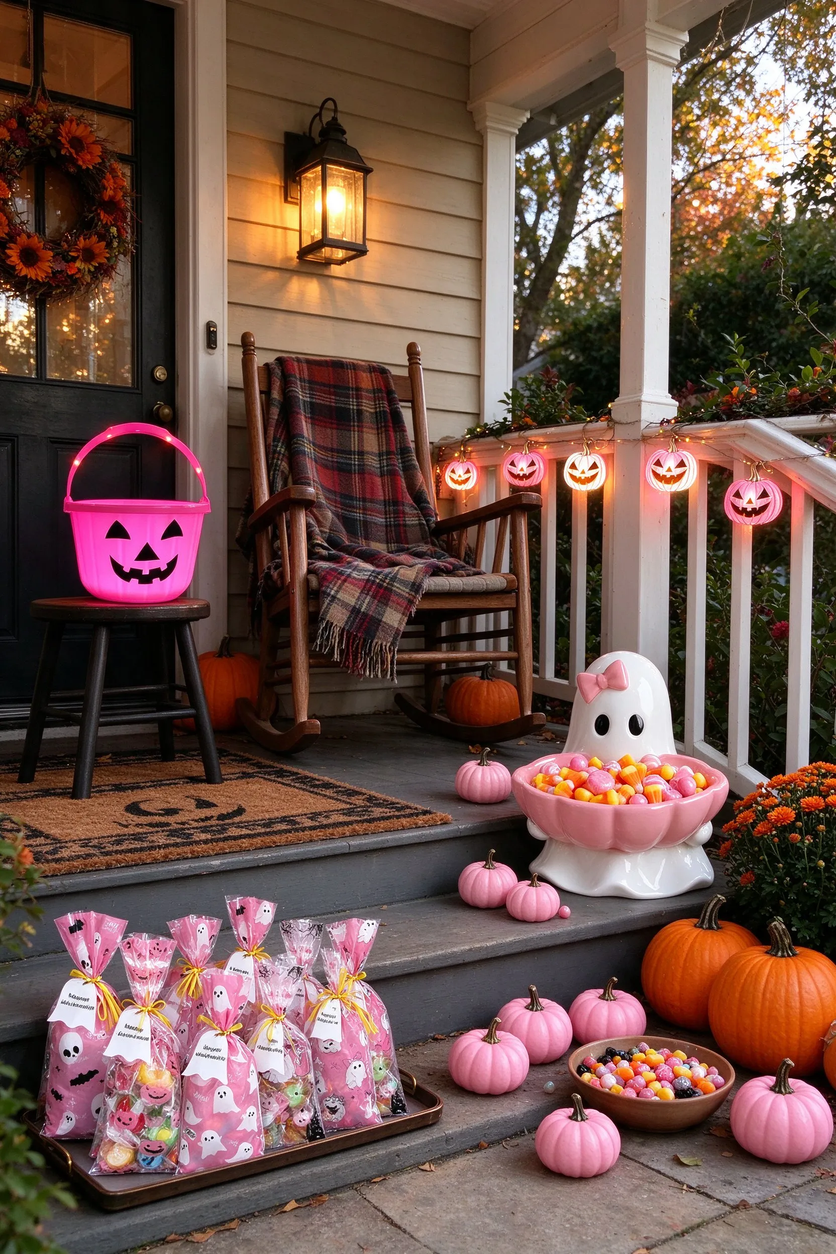 Styled scene: front porch ready for trick or treaters: pumpkin string lights glowing on the railing, the light up pink pumpkin bucket on a stool, the bow ghost candy bowl full of candy, small pink pumpkins on the steps, ghost treat bags filled on a tray.