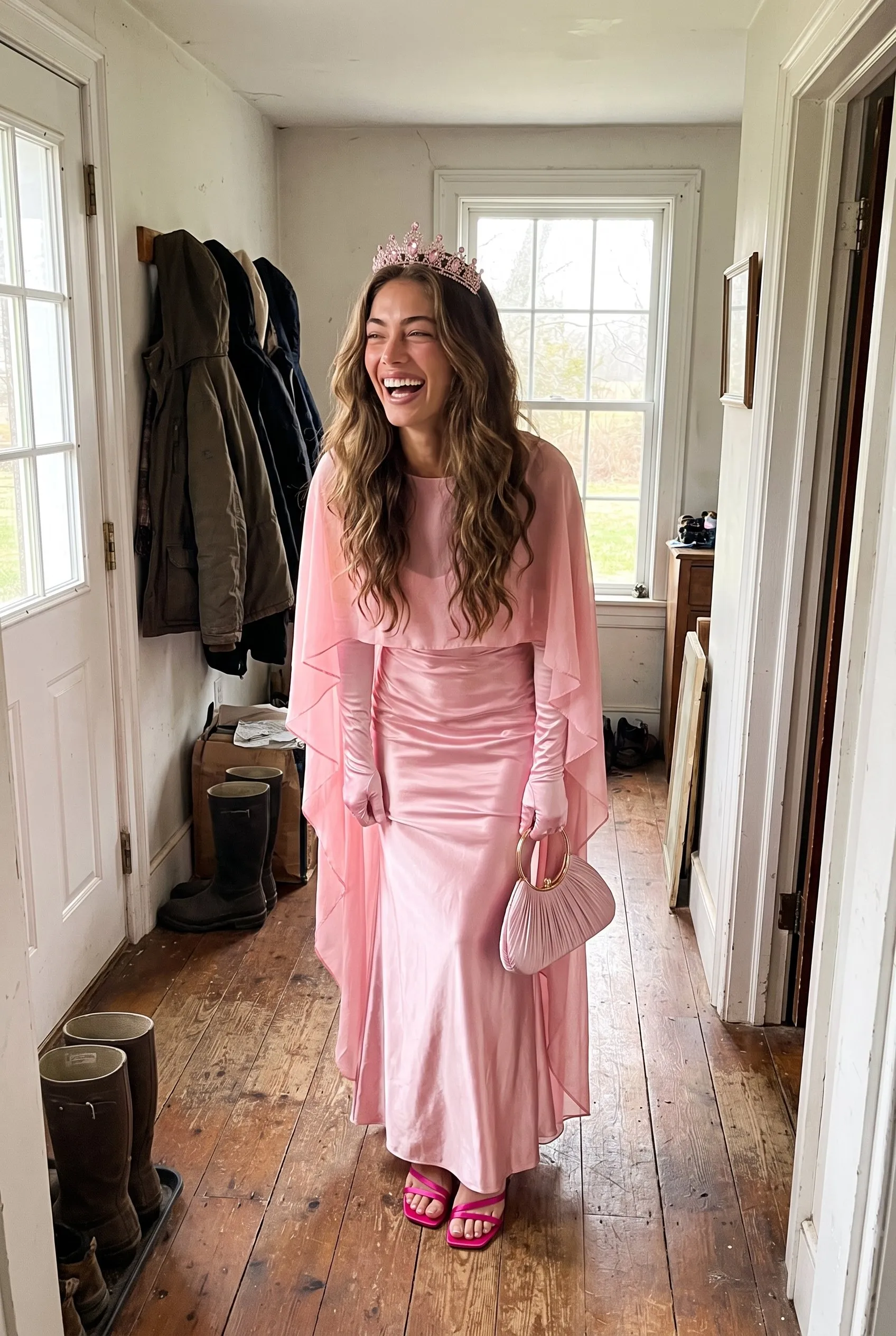 A brown haired woman in her farmhouse hallway laughing, ready for a Halloween party, wearing the pink satin maxi gown, crystal tiara, long satin opera gloves and hot pink strappy heels, holding the pleated clutch.
