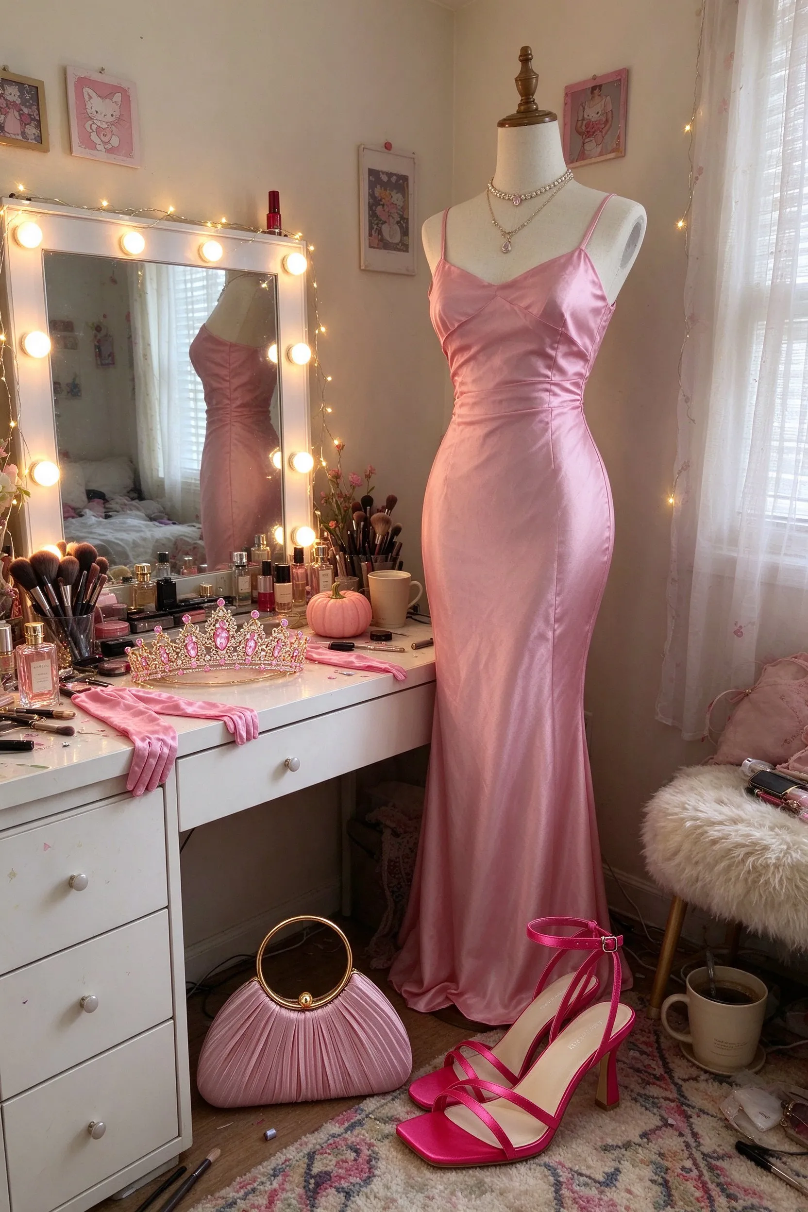 Styled scene: pageant queen costume styled in a bedroom getting-ready corner, the satin gown on a dress form, the tiara and opera gloves on a vanity, the clutch and heels below.