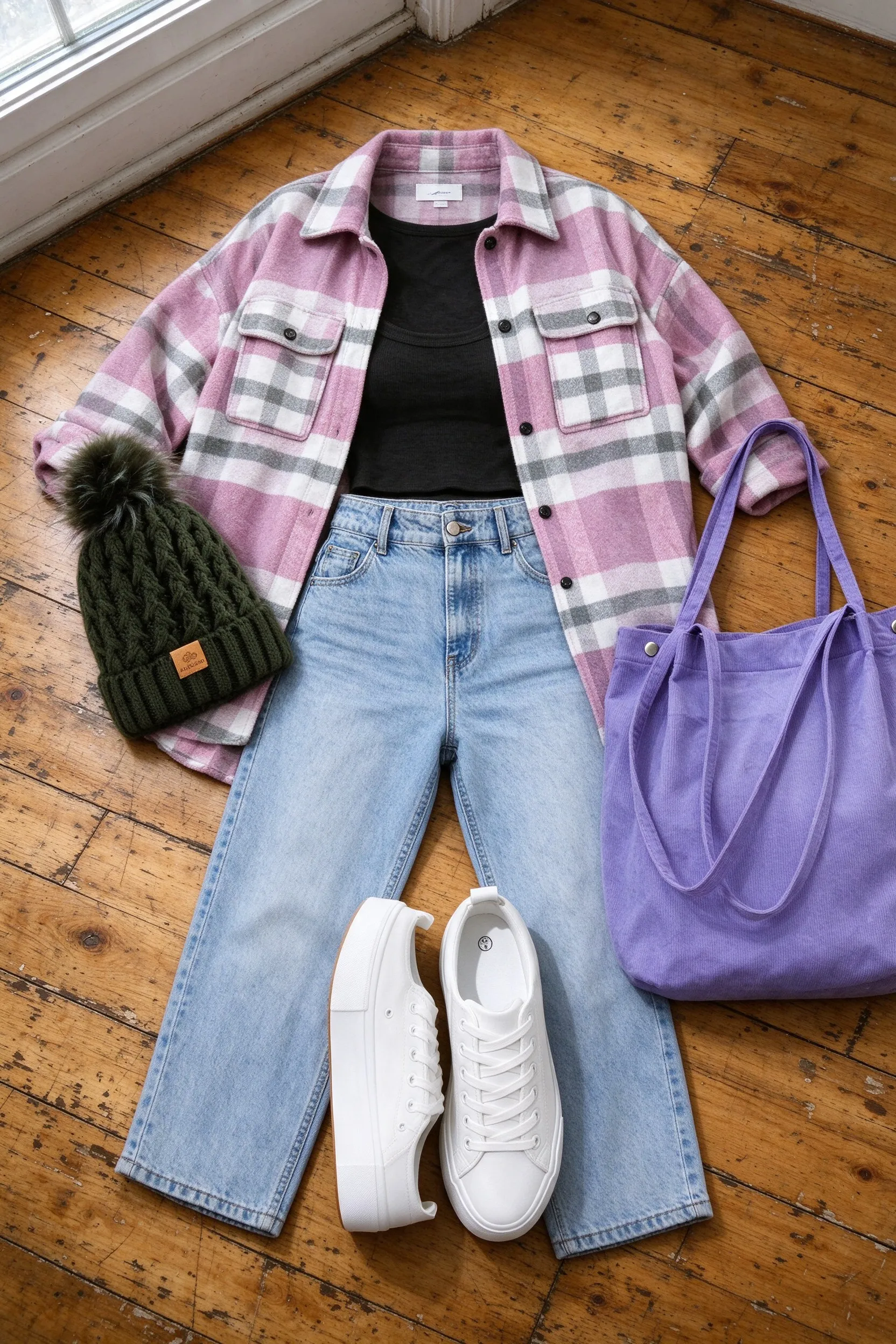 Flat lay on a wood floor of a pink plaid shacket, black crop top, light wash jeans, white sneakers, a purple tote and a green pom beanie