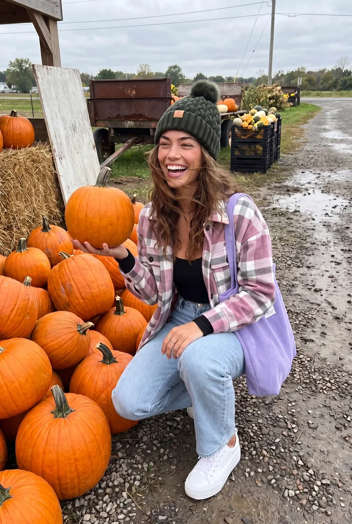 A brown haired woman in a green pom beanie and pink plaid shacket crouching by a pile of pumpkins at a farm stand, laughing, with a purple corduroy tote on her shoulder.