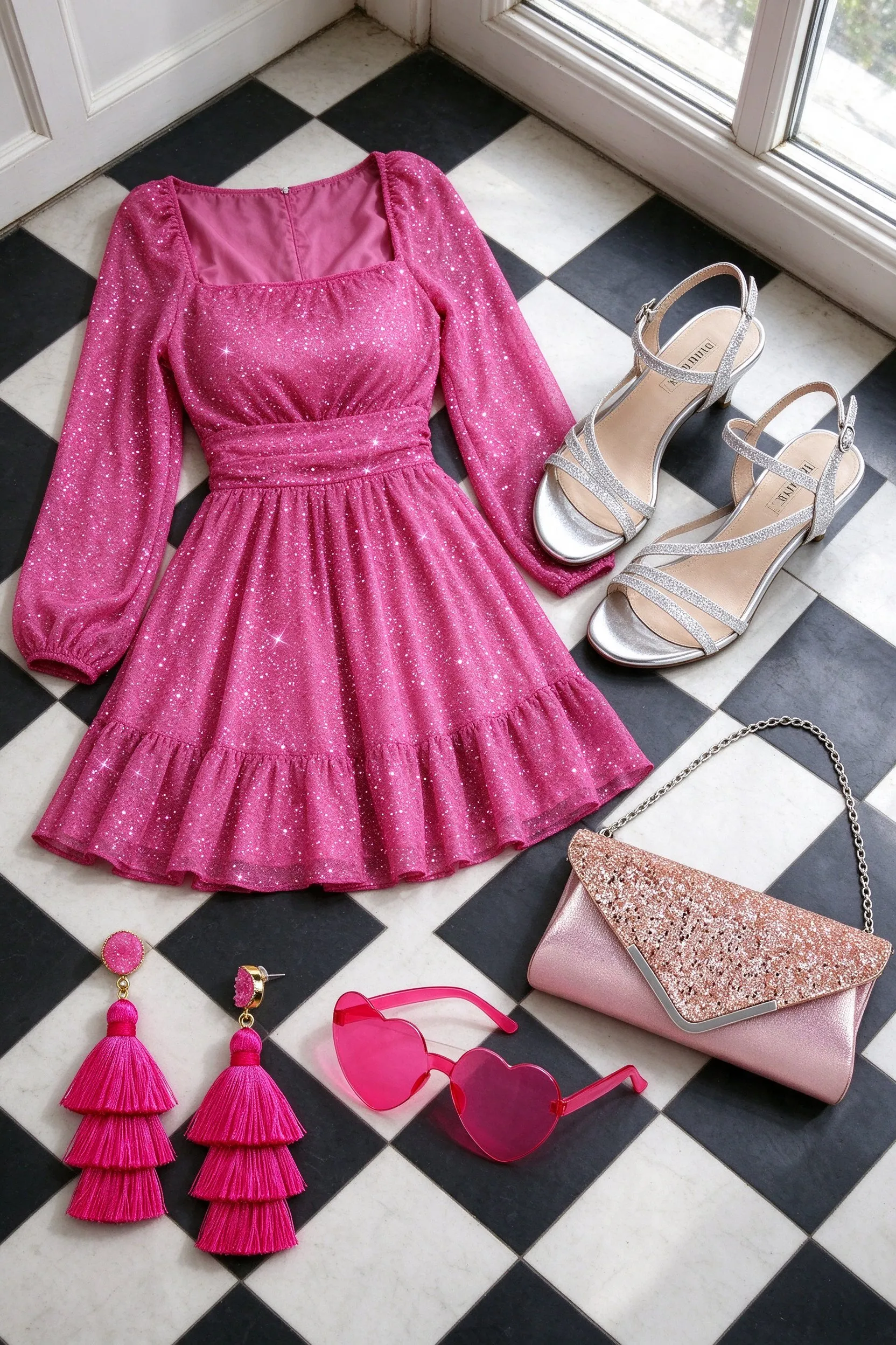 The listed pieces laid out on a black and white checkerboard floor: hot pink sequin long sleeve mini dress, silver glitter strappy kitten heels, pink glitter sequin envelope clutch with chain, hot pink layered tassel earrings and pink heart shaped sunglasses.