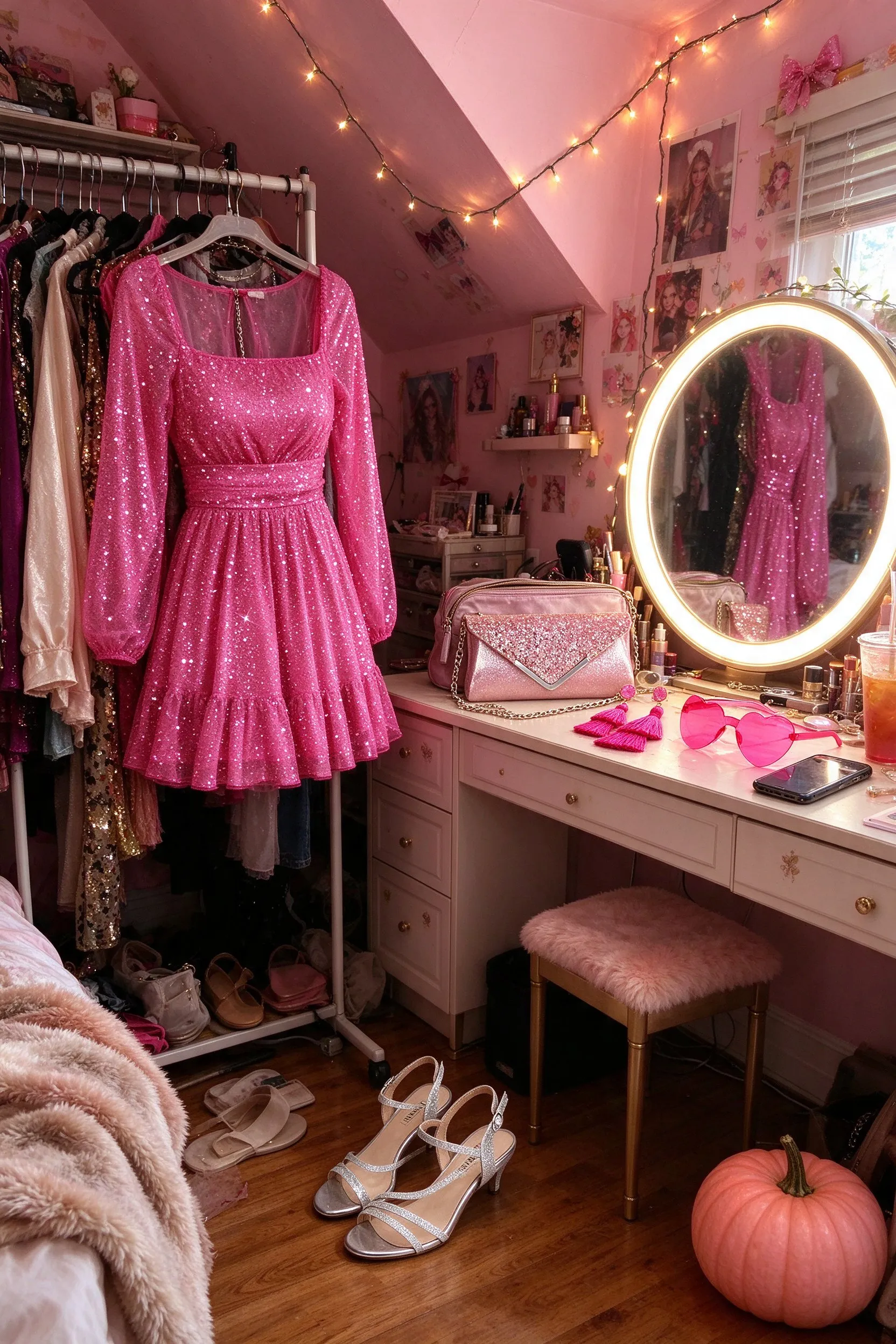 Styled scene: sequin party costume styled in a pink attic loft, the sequin dress on a clothes rack, the kitten heels on the floor, the clutch, tassel earrings and heart sunglasses on a vanity.