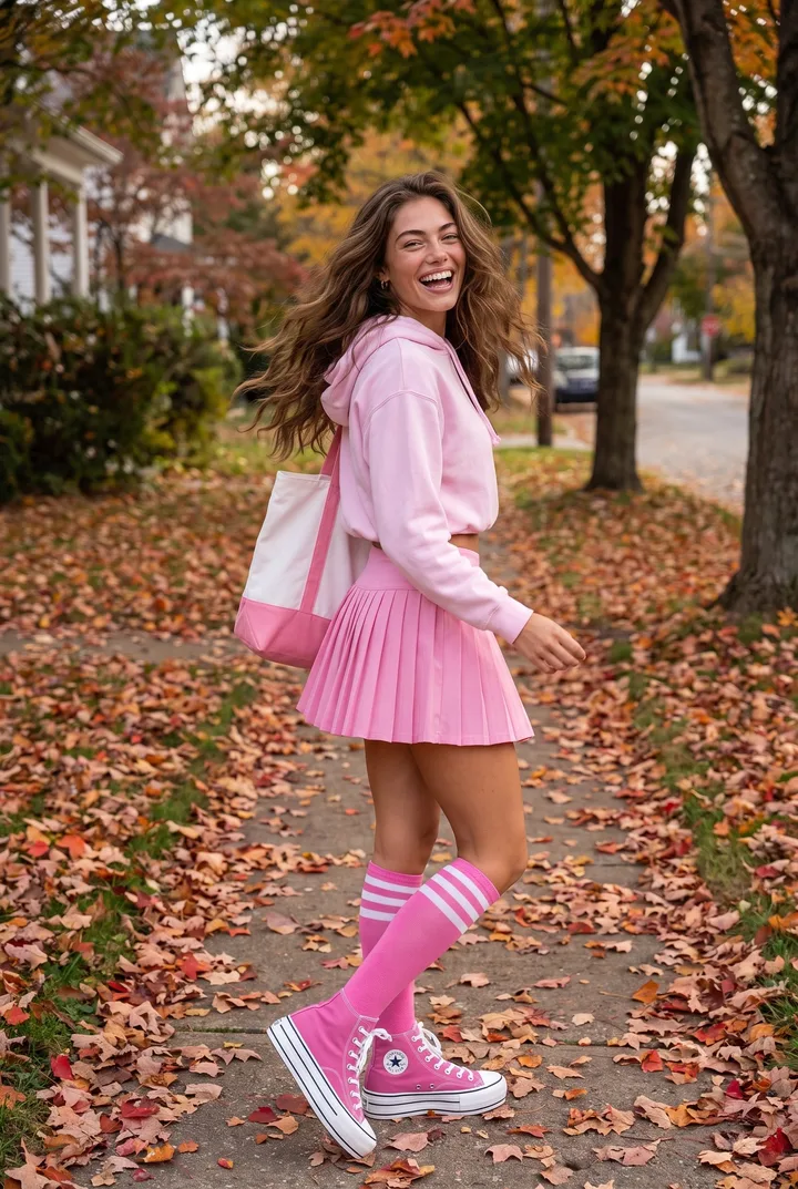 A brown haired woman walking on a leafy small town sidewalk in fall, turning to the camera laughing, wearing the pastel pink cropped hoodie, pink pleated tennis skirt, striped knee high socks and pink platform high tops, the pink canvas tote on her shoulder.