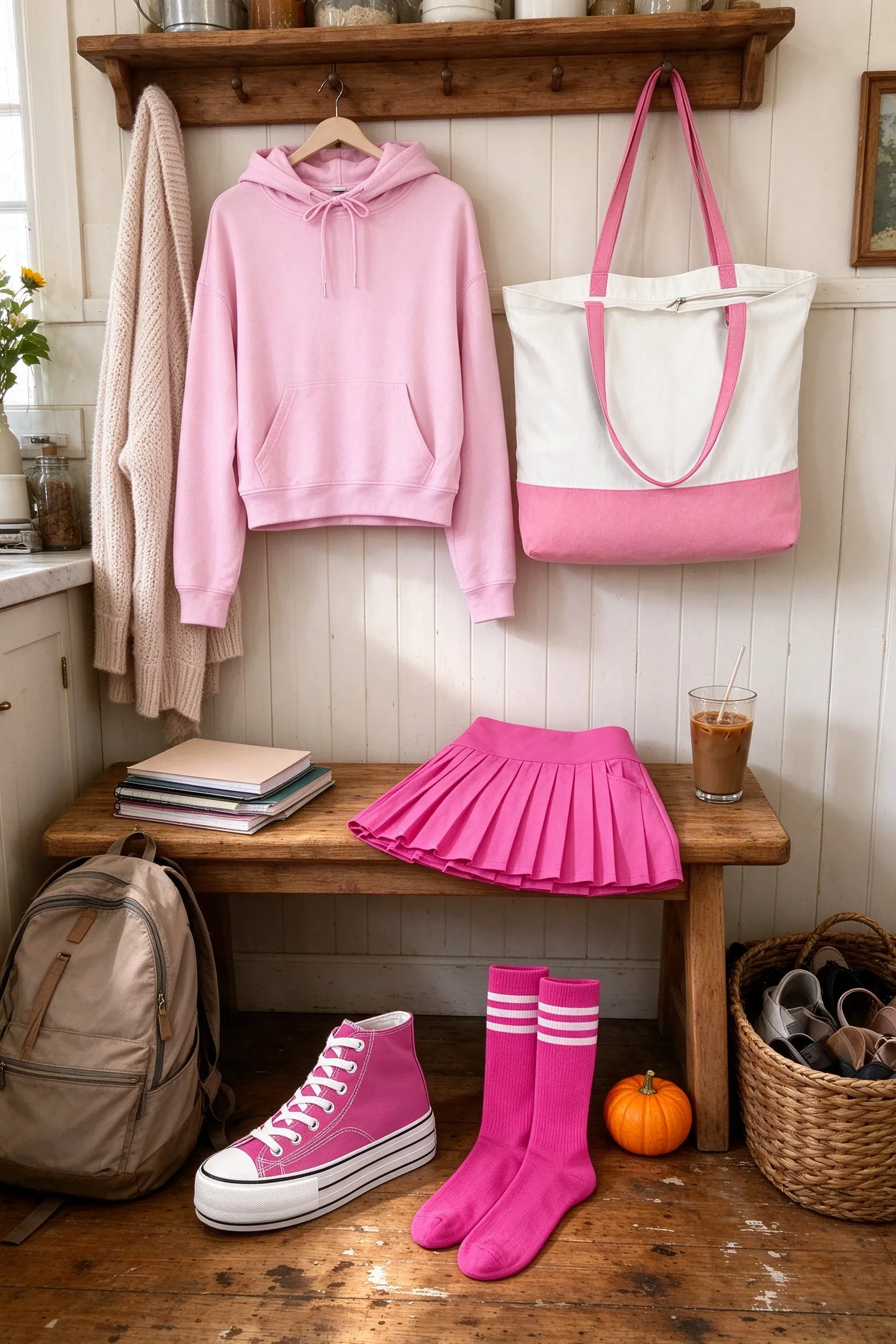 Styled scene: sorority girl costume styled on a farmhouse mudroom bench, the cropped hoodie hanging from a peg, the tennis skirt folded on the bench, the sneakers and tube socks below, the tote hanging.