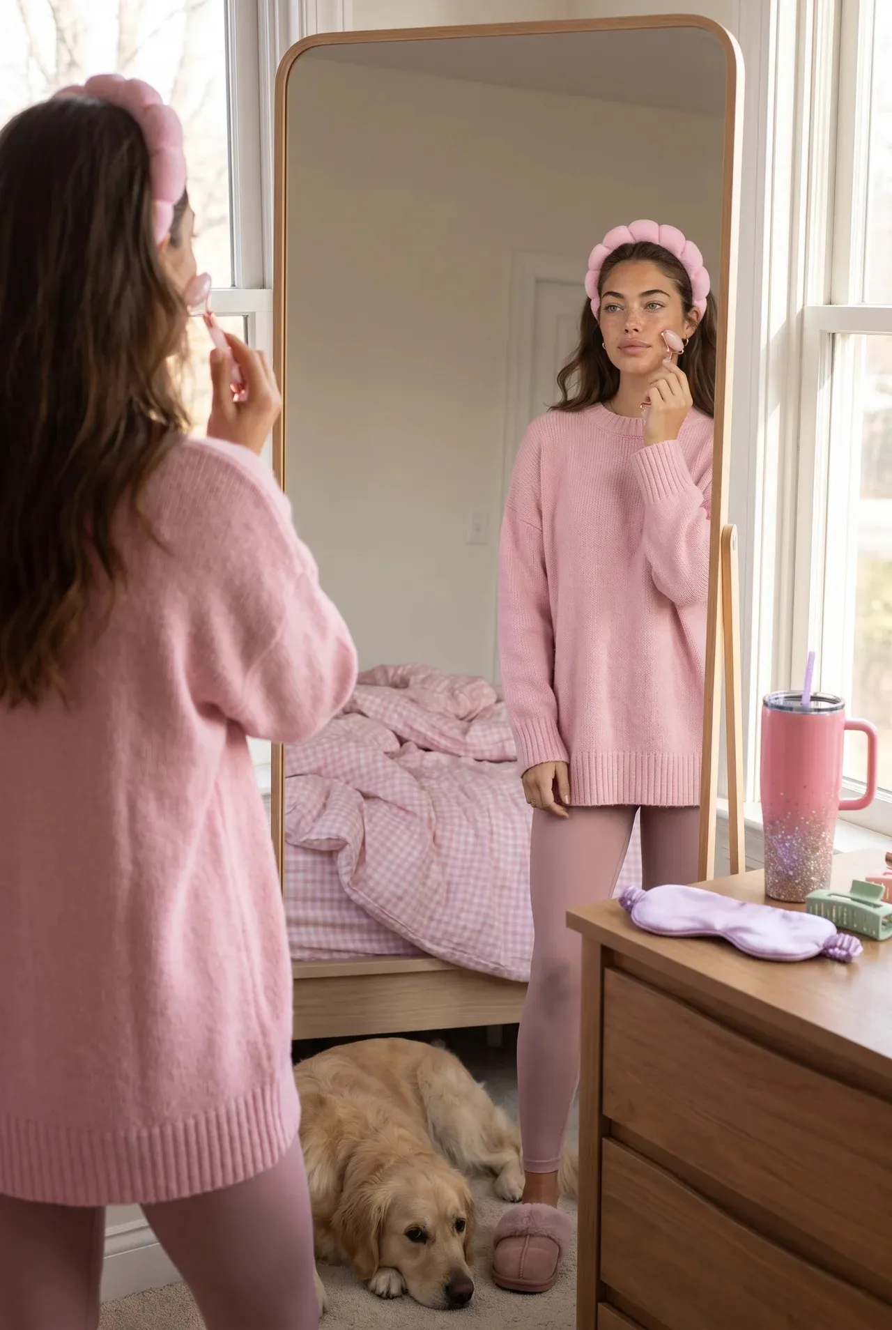 Tommy Kate in a pink sweater at a full-length bedroom mirror rolling a rose quartz roller on her cheek, wearing the puffy pink headband and pink slippers, with the sleep mask and claw clips on the dresser and a golden retriever on the floor.