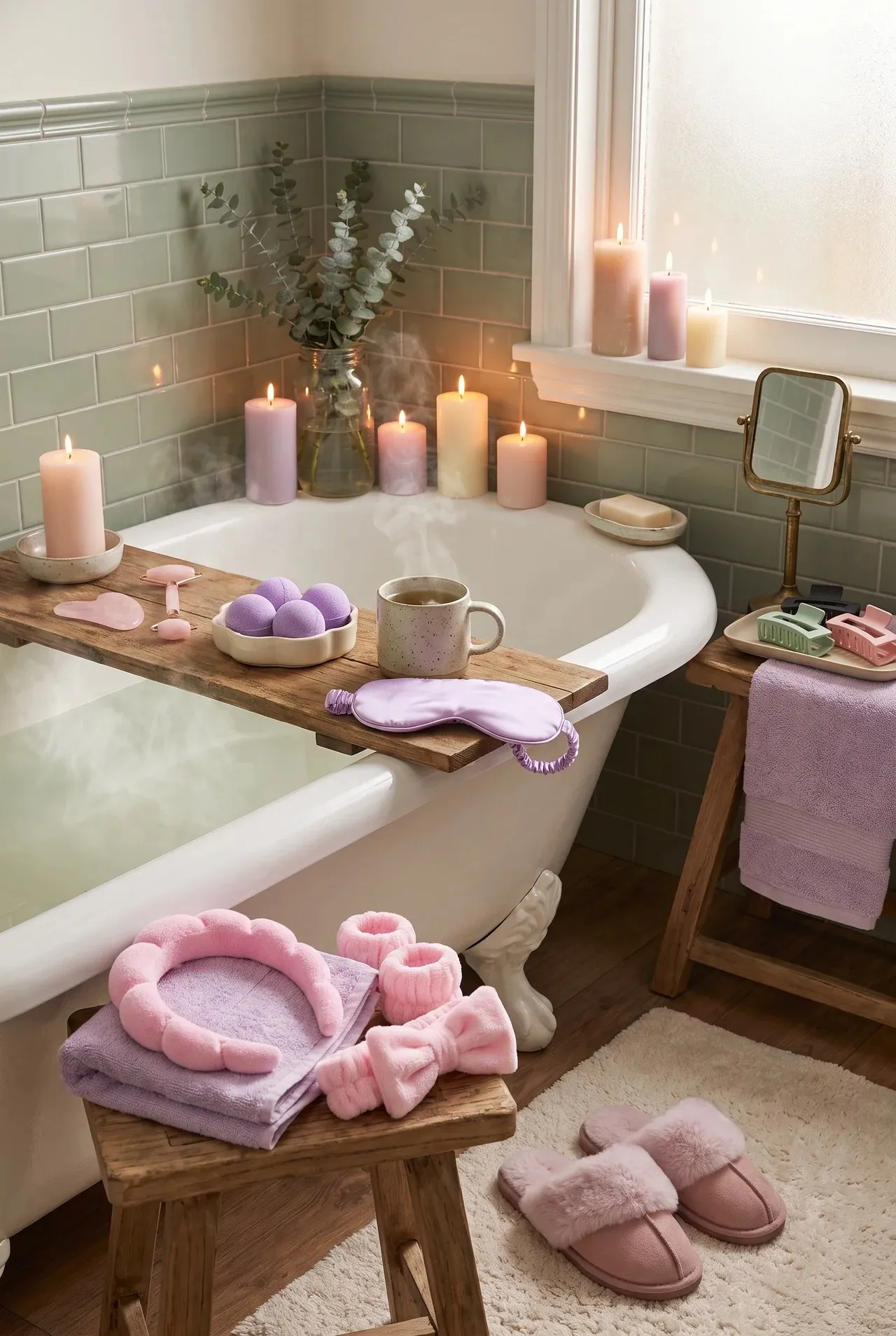 A farmhouse bathroom with a clawfoot tub, a wooden bath tray holding the rose quartz gua sha and roller, purple bath bombs, tea and the lavender sleep mask, pink headbands and wristbands on a stool and pink slippers on the bath mat.