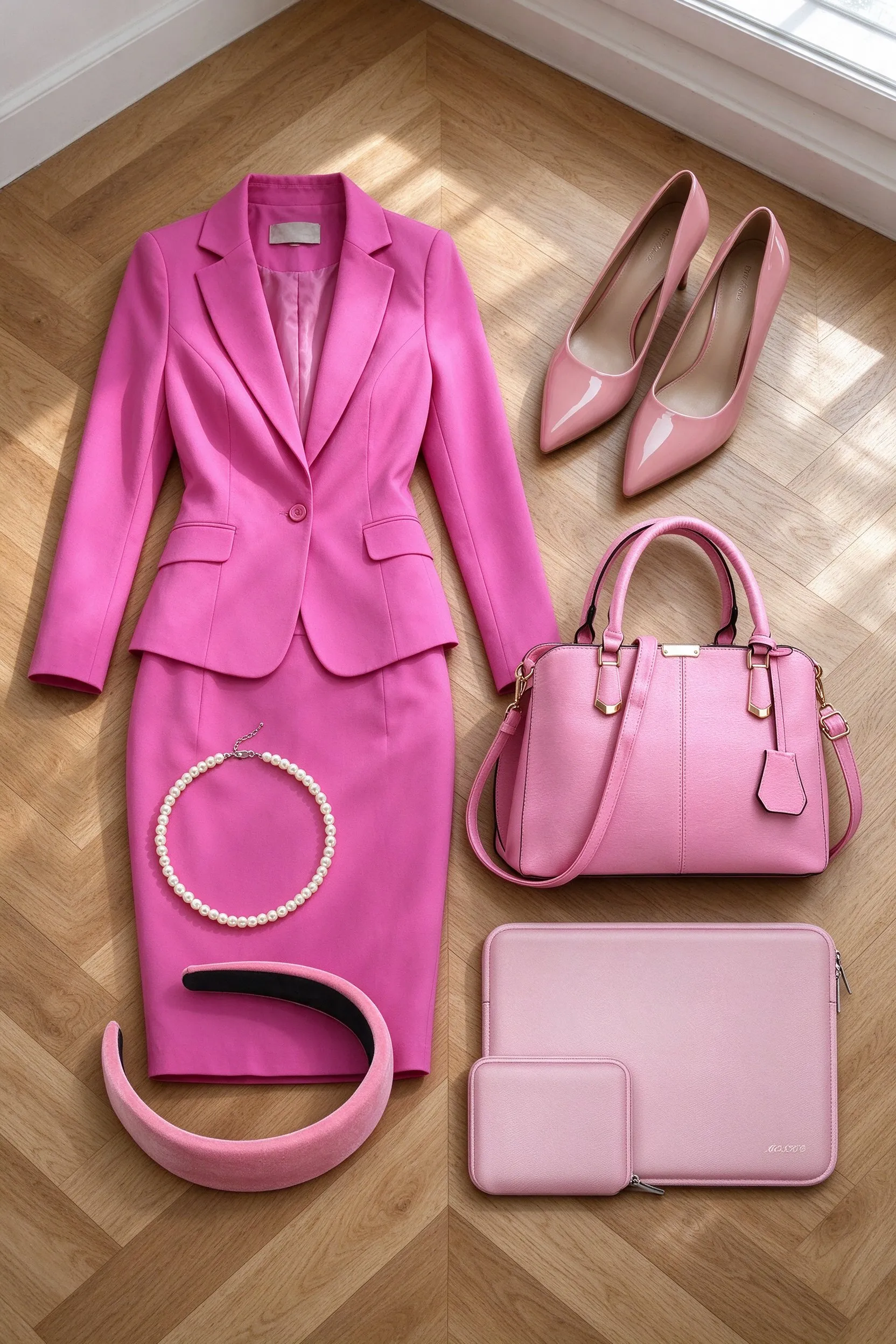 The listed pieces laid out on a herringbone oak floor: hot pink two piece skirt suit, pink patent pointed toe stiletto pumps, pink top handle satchel bag, classic faux pearl necklace, pink velvet padded headband and baby pink 13 inch laptop sleeve.